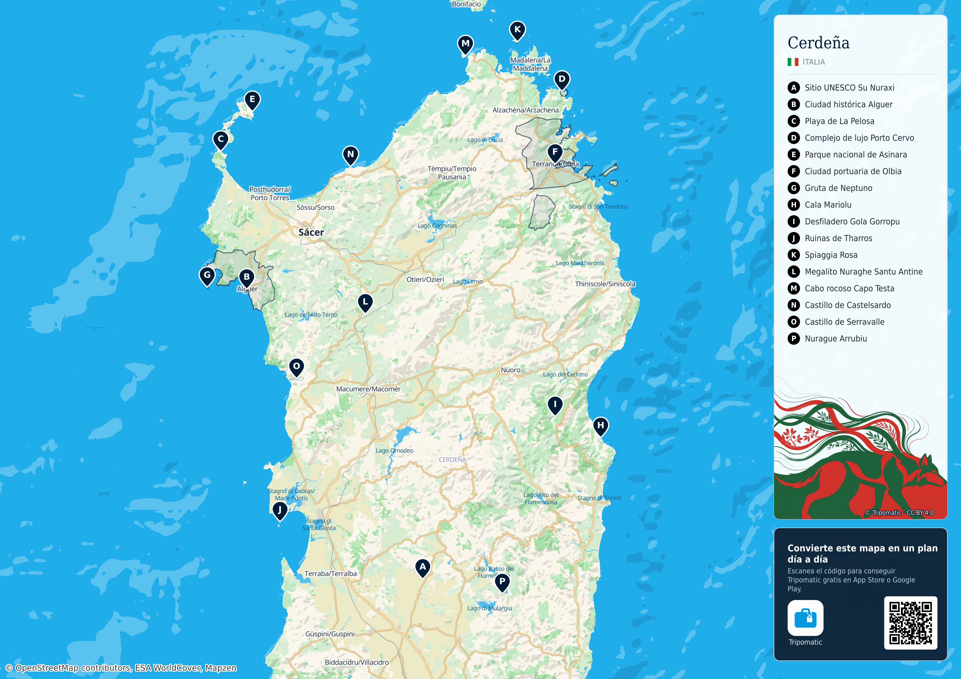 Cerdeña – mapa turístico para imprimir con las principales atracciones numeradas