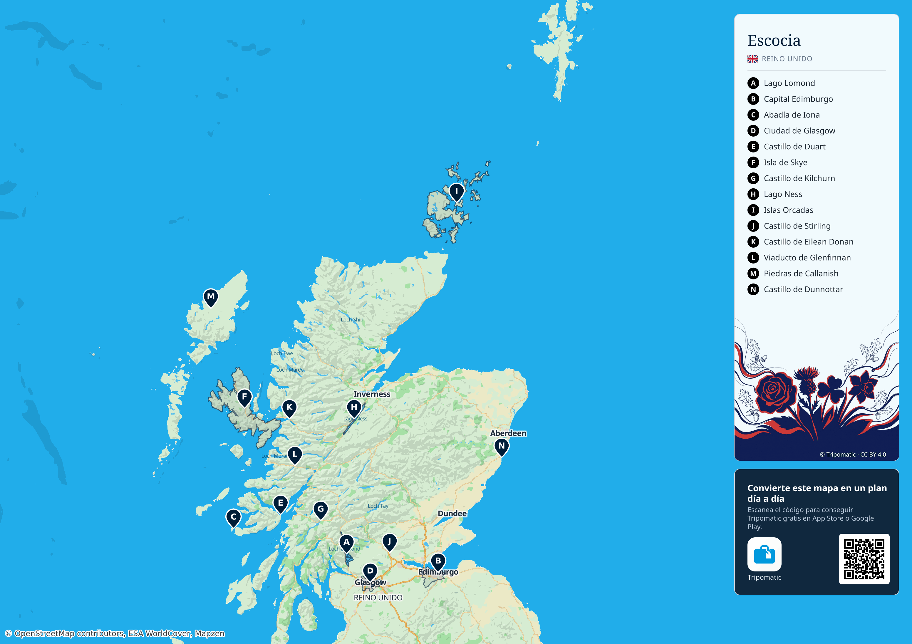 Escocia – mapa turístico para imprimir con las principales atracciones numeradas