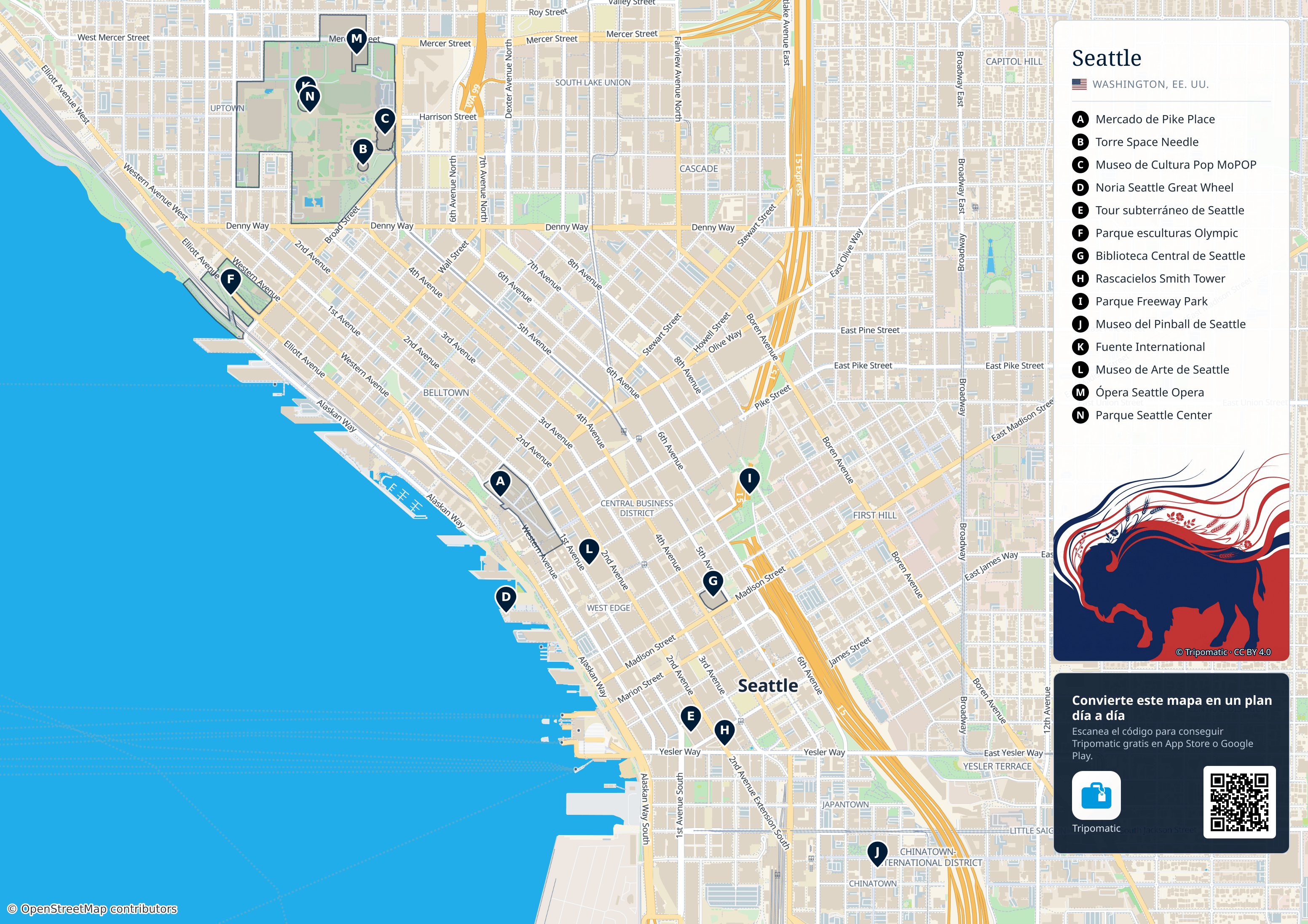 Seattle – mapa turístico para imprimir con las principales atracciones numeradas