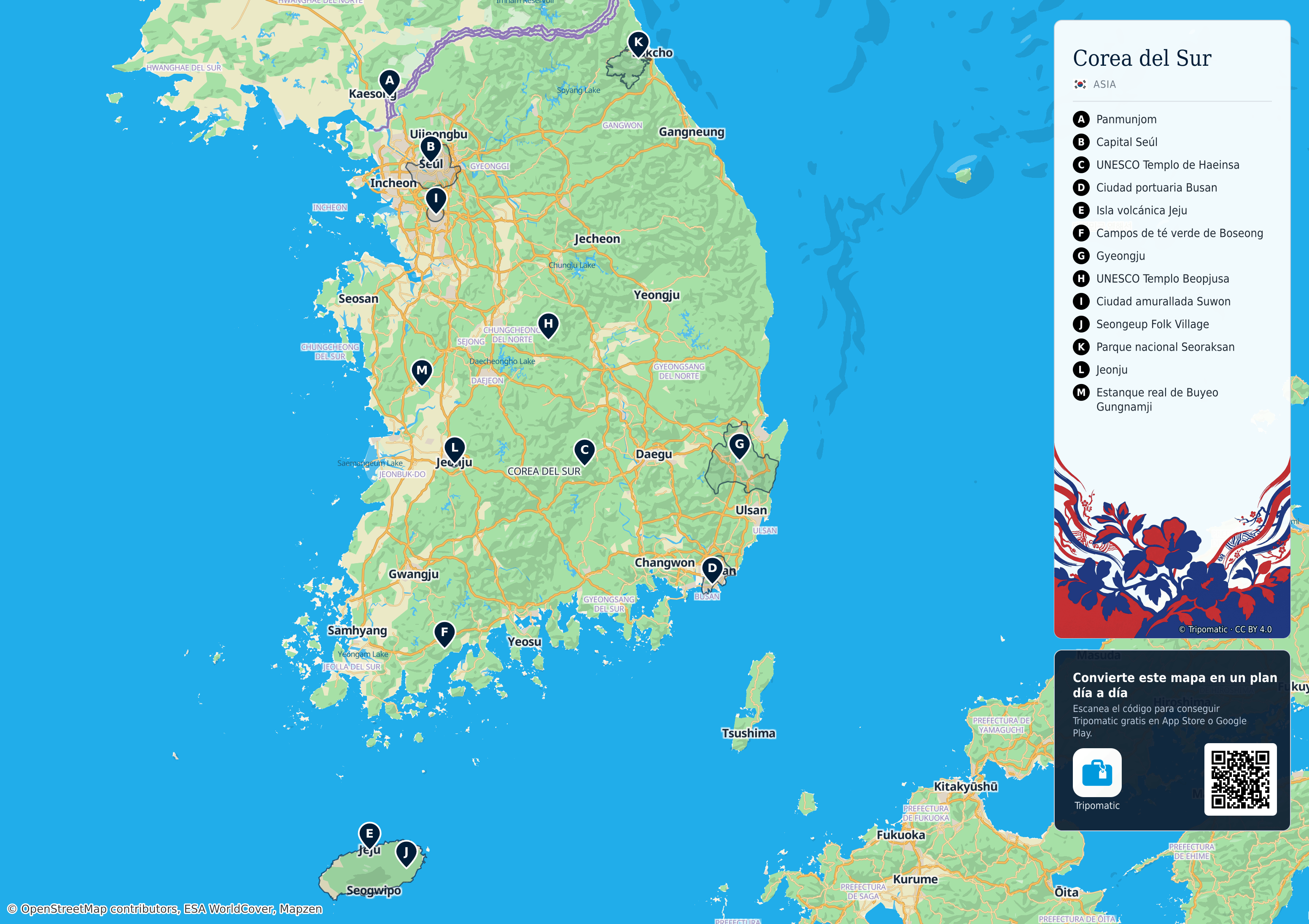 Corea del Sur – mapa turístico para imprimir con las principales atracciones numeradas
