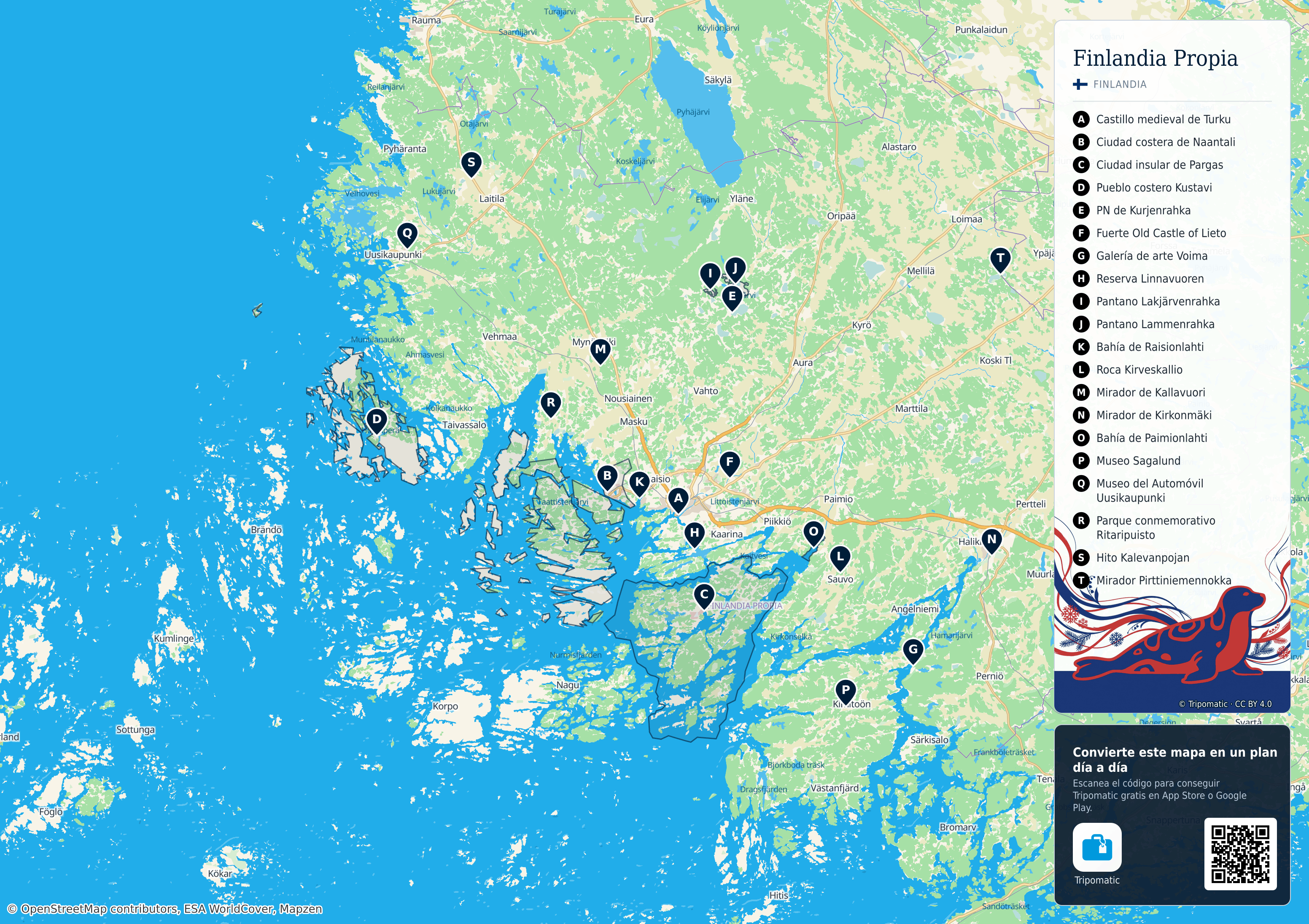 Finlandia Propia – mapa turístico para imprimir con las principales atracciones numeradas