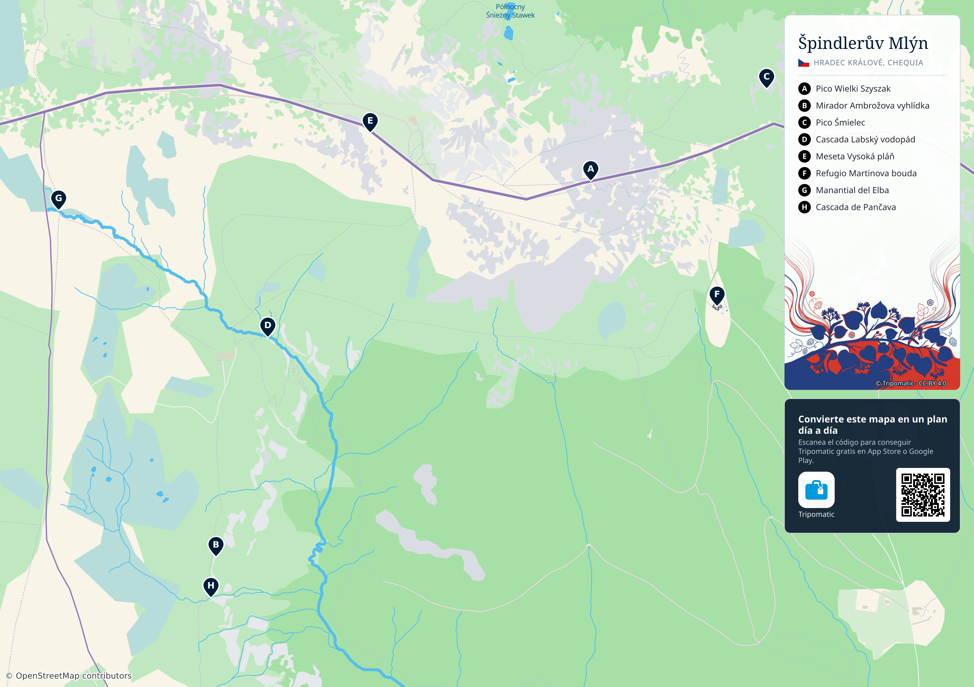 Špindlerův Mlýn – mapa turístico para imprimir con las principales atracciones numeradas