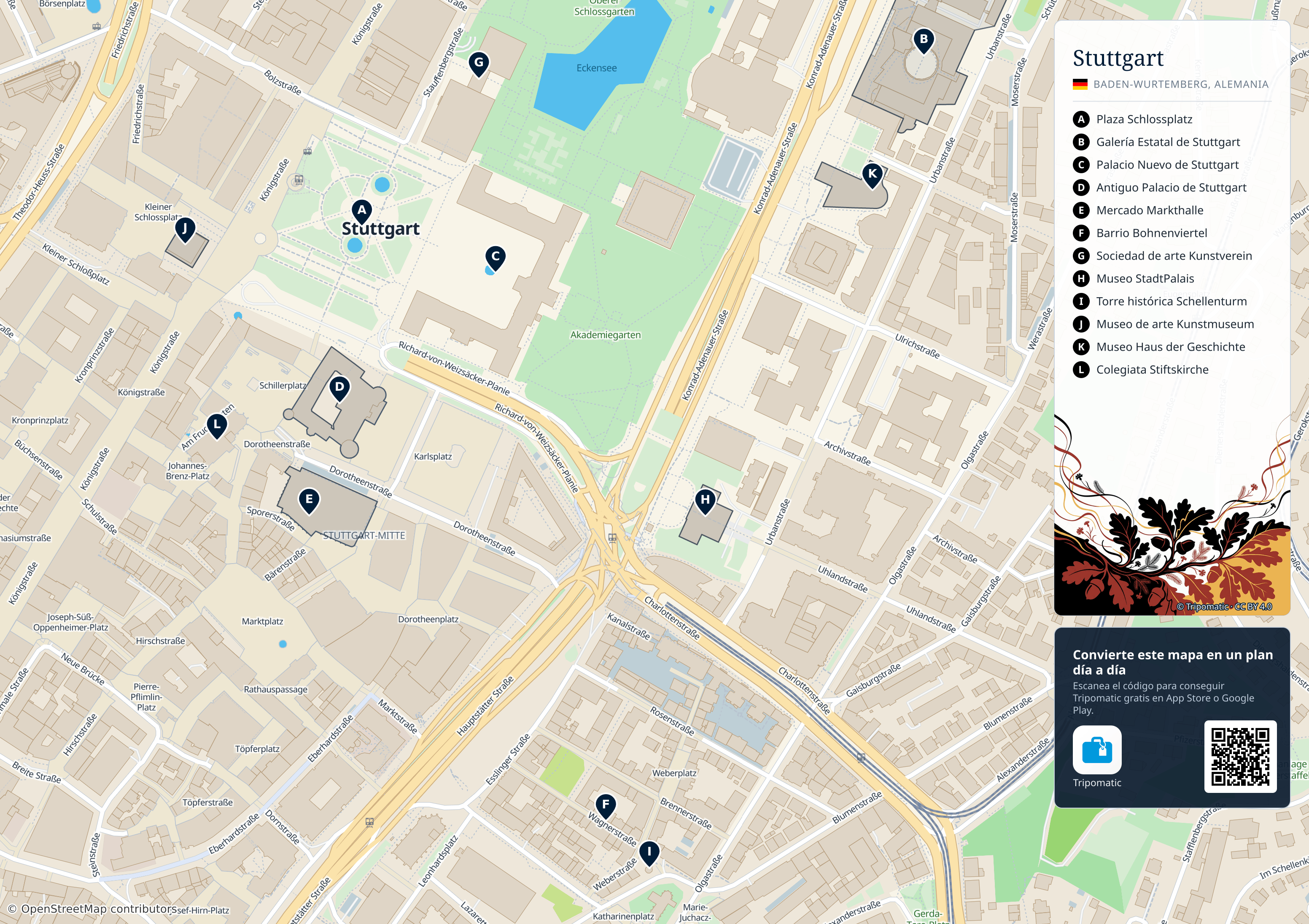 Stuttgart – mapa turístico para imprimir con las principales atracciones numeradas