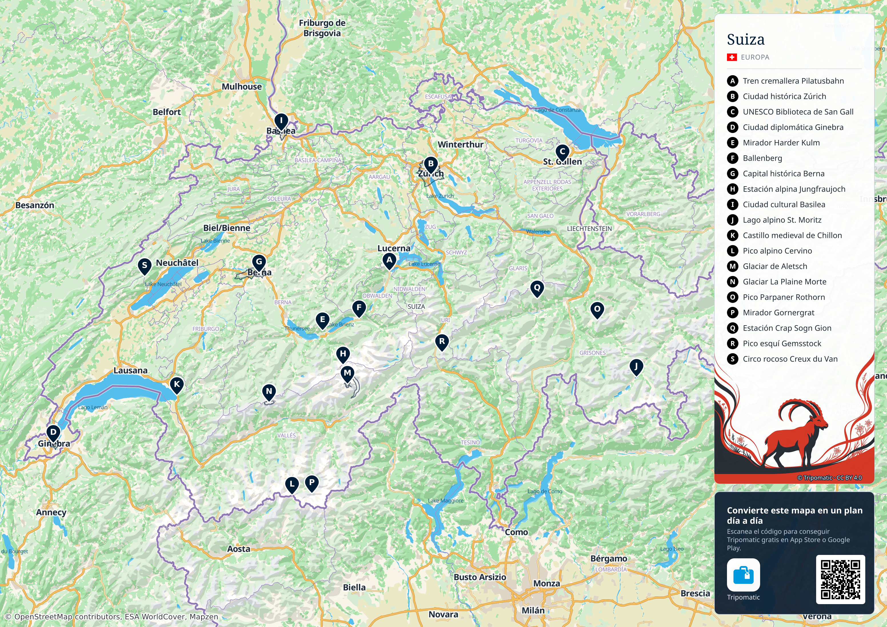 Suiza – mapa turístico para imprimir con las principales atracciones numeradas