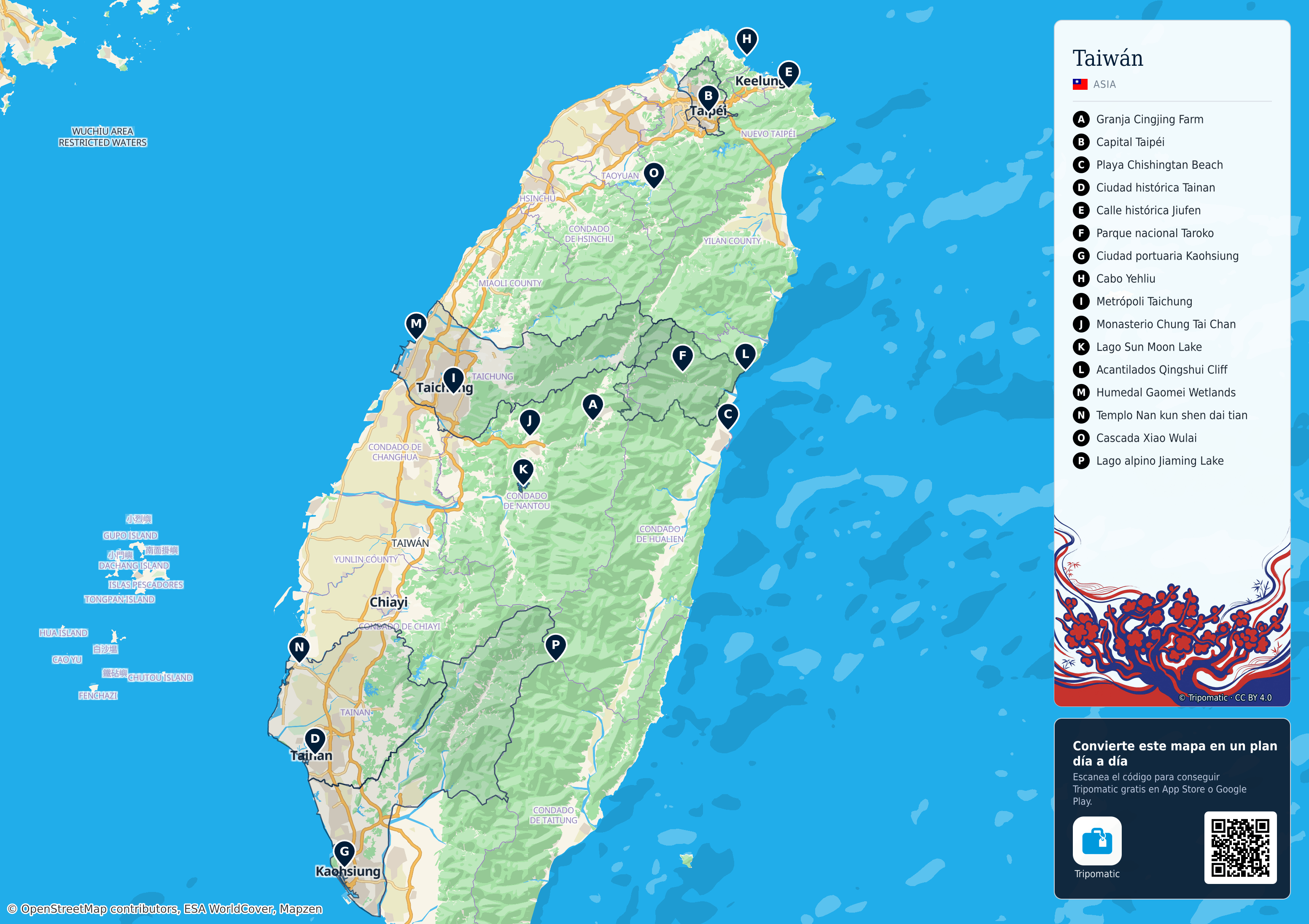 Taiwán – mapa turístico para imprimir con las principales atracciones numeradas