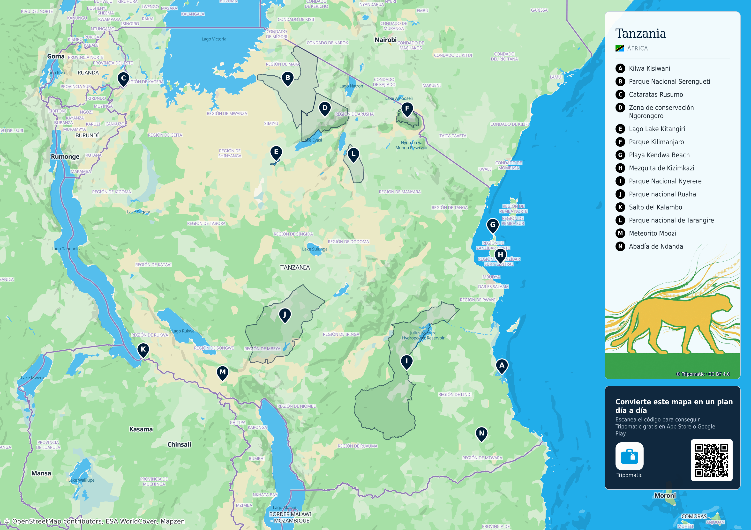 Tanzania – mapa turístico para imprimir con las principales atracciones numeradas