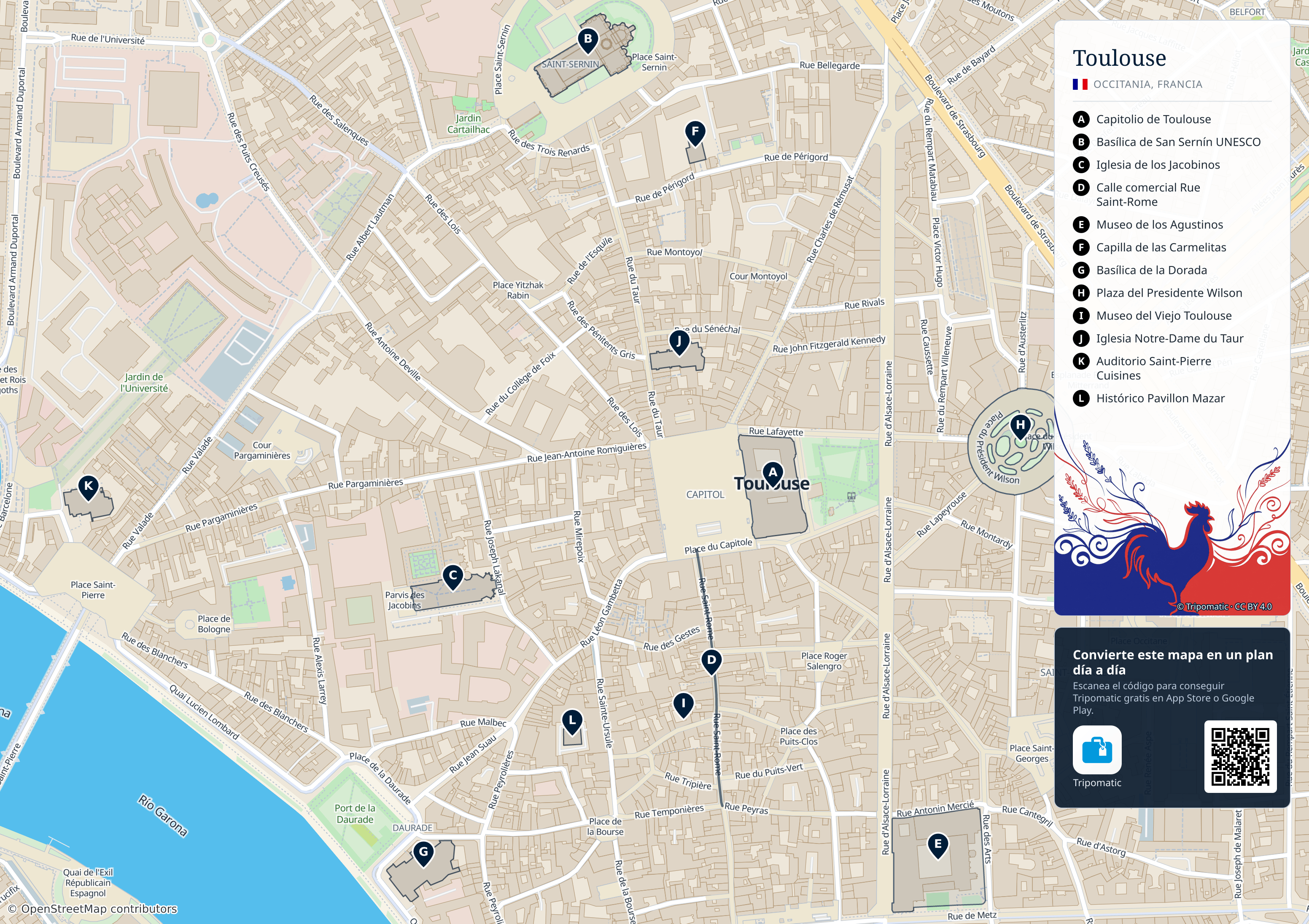 Toulouse – mapa turístico para imprimir con las principales atracciones numeradas