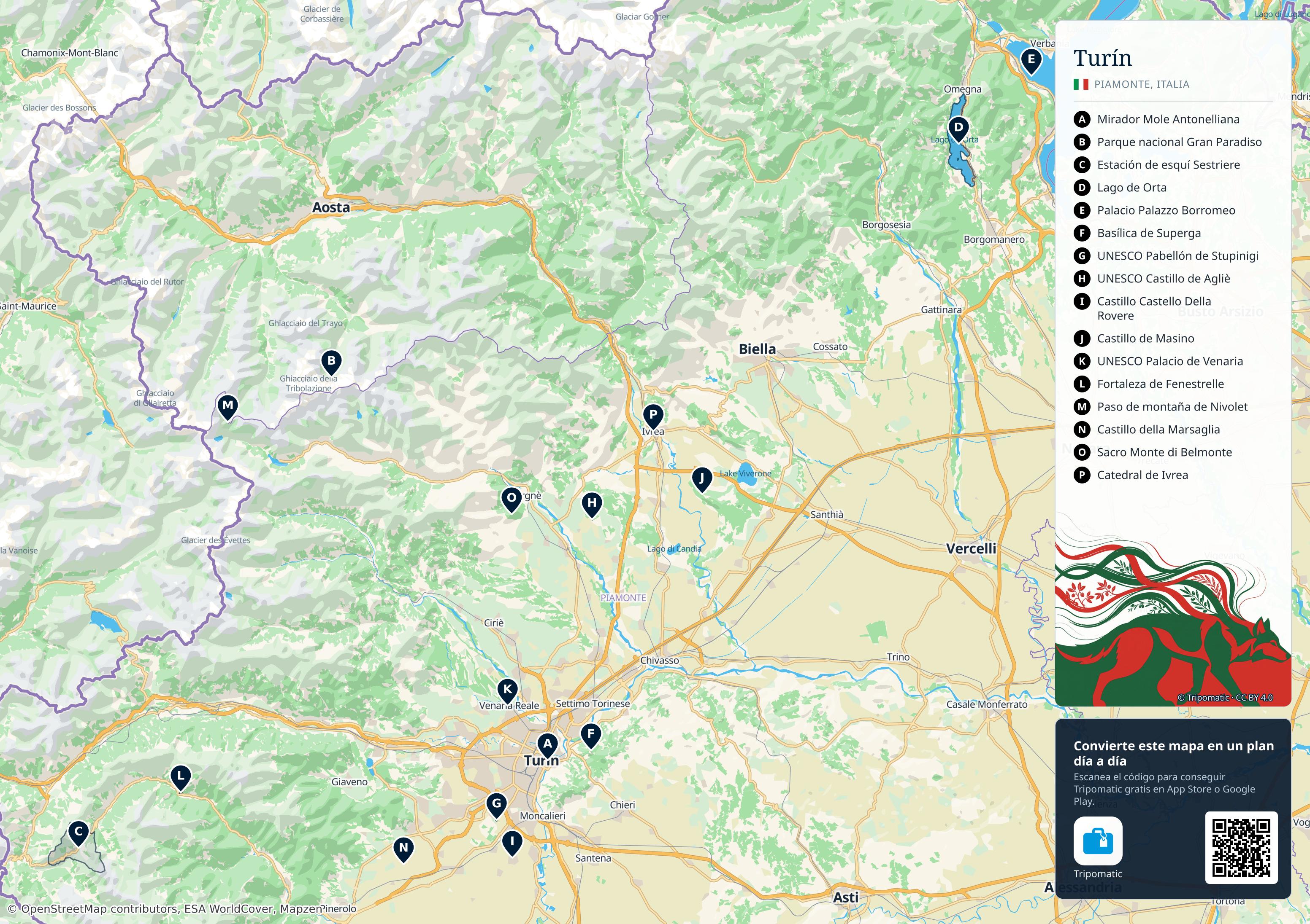 Turín – mapa turístico para imprimir con las principales atracciones numeradas