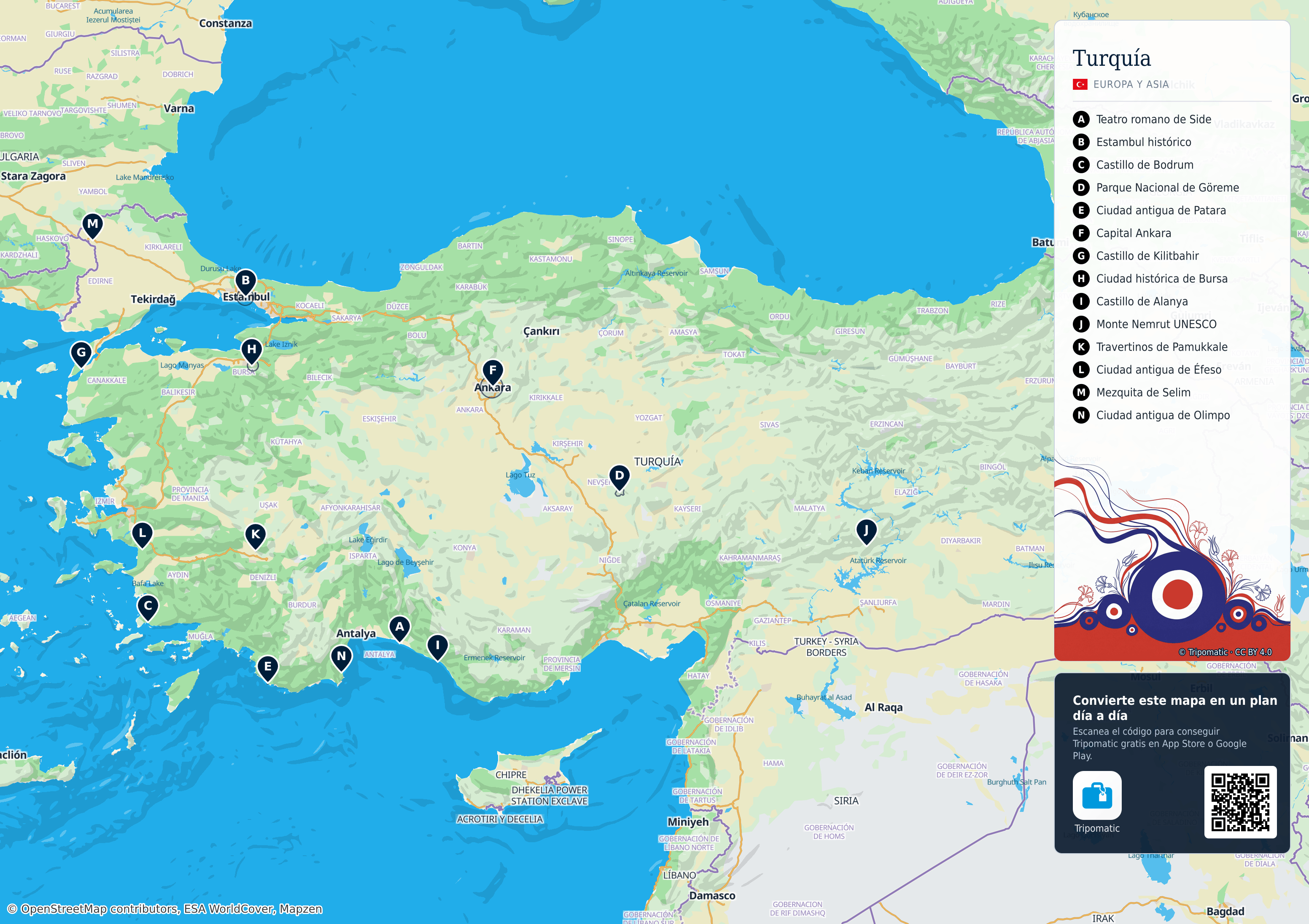 Turquía – mapa turístico para imprimir con las principales atracciones numeradas