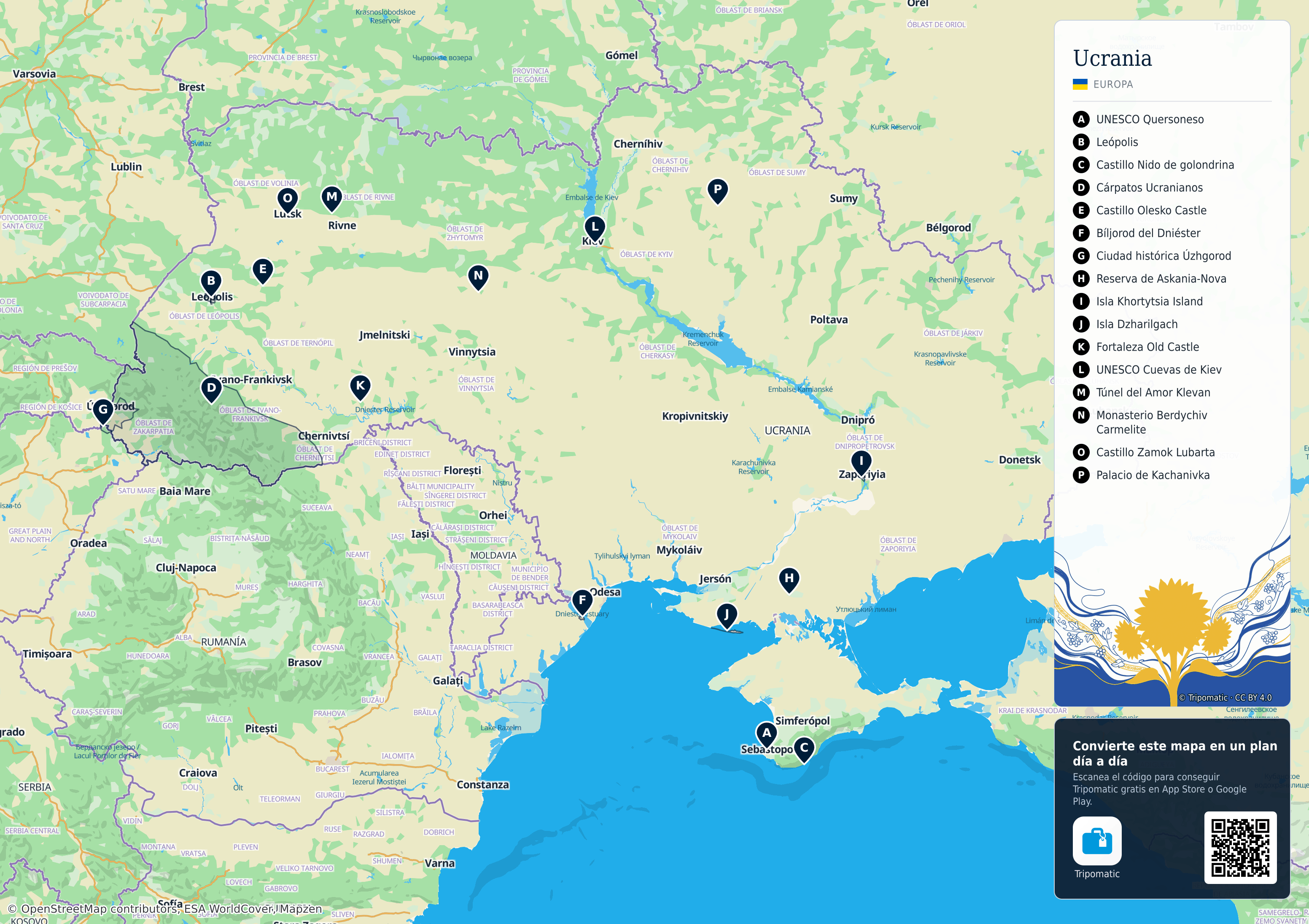 Ucrania – mapa turístico para imprimir con las principales atracciones numeradas