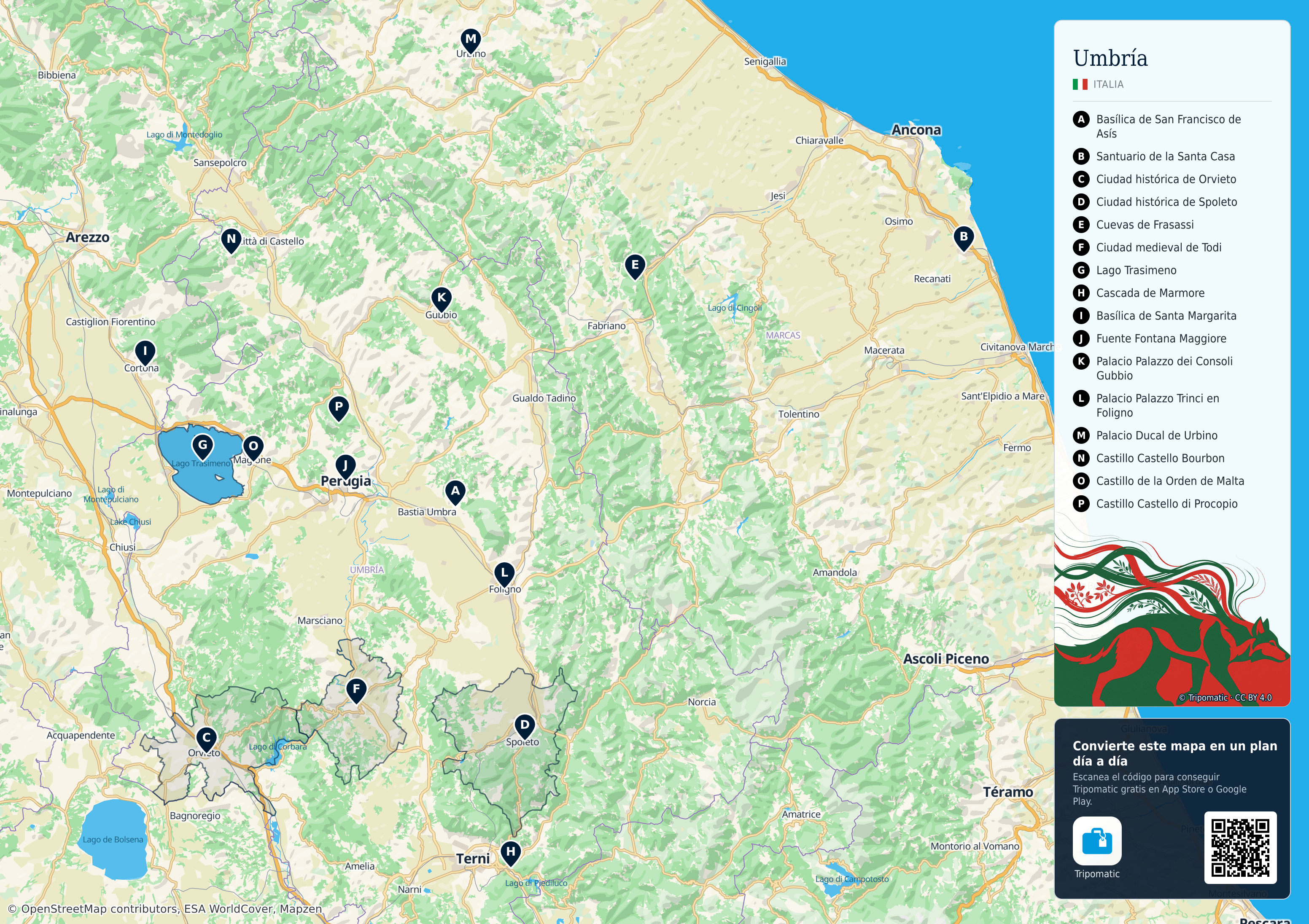 Umbría – mapa turístico para imprimir con las principales atracciones numeradas