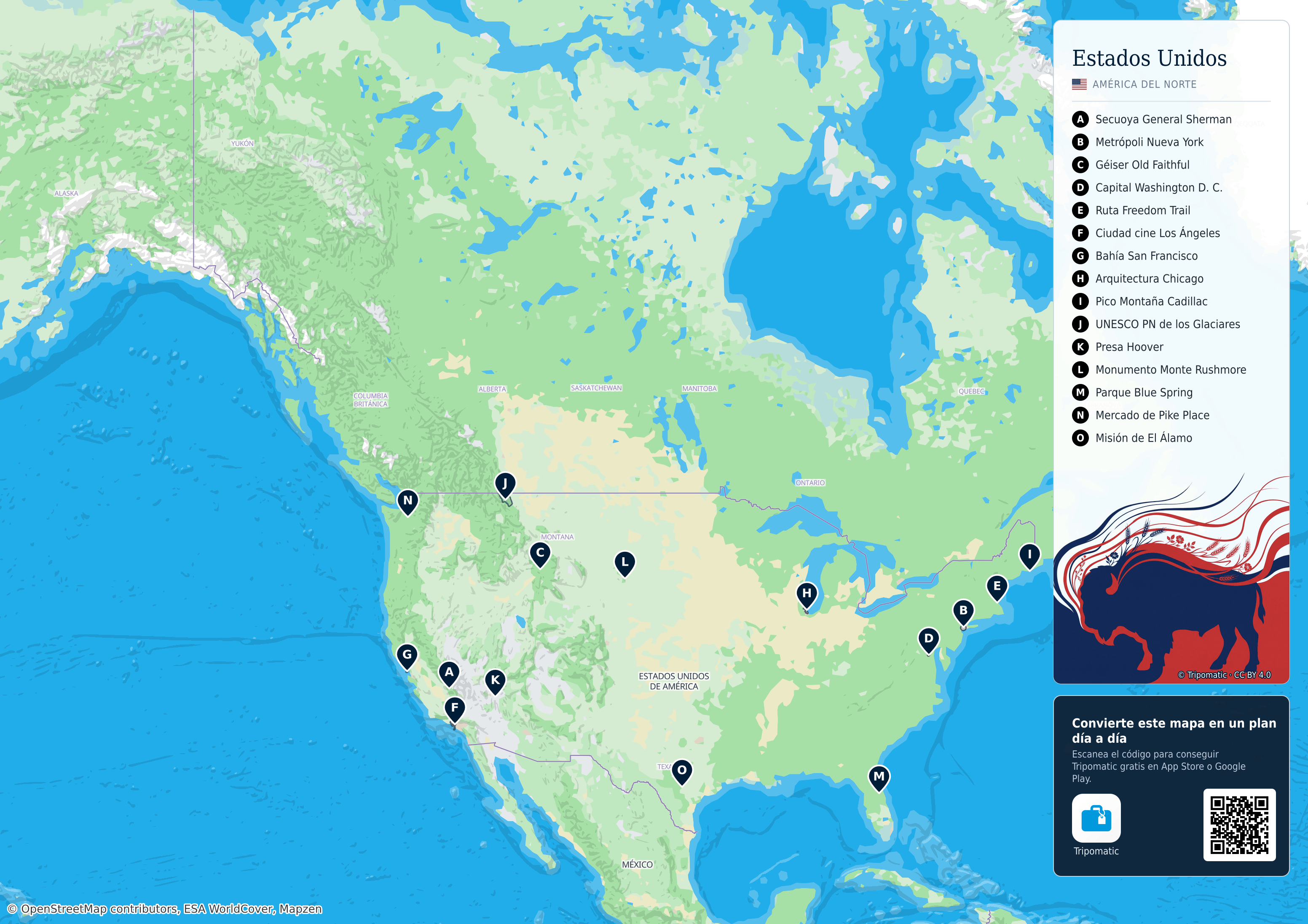 Estados Unidos – mapa turístico para imprimir con las principales atracciones numeradas