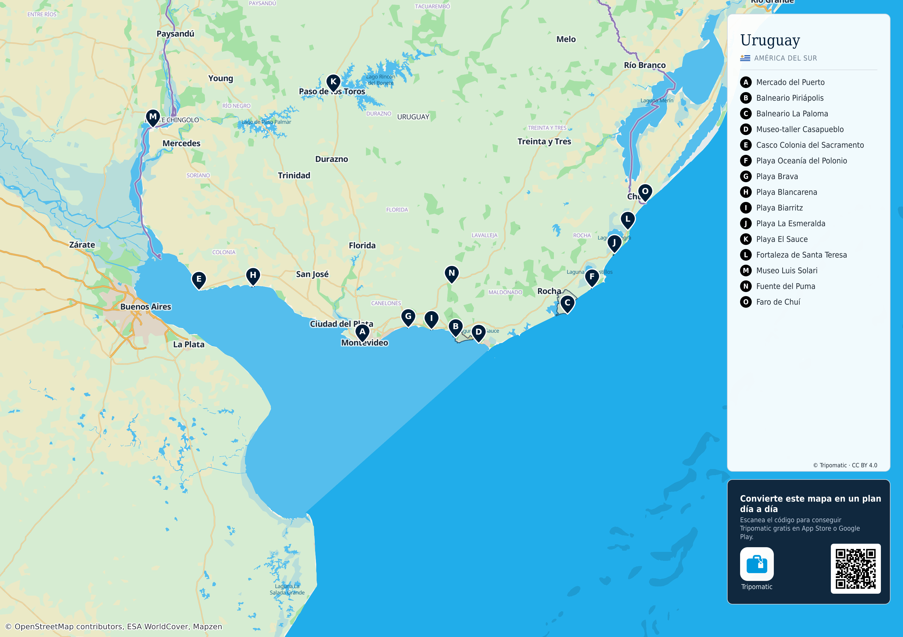 Uruguay – mapa turístico para imprimir con las principales atracciones numeradas