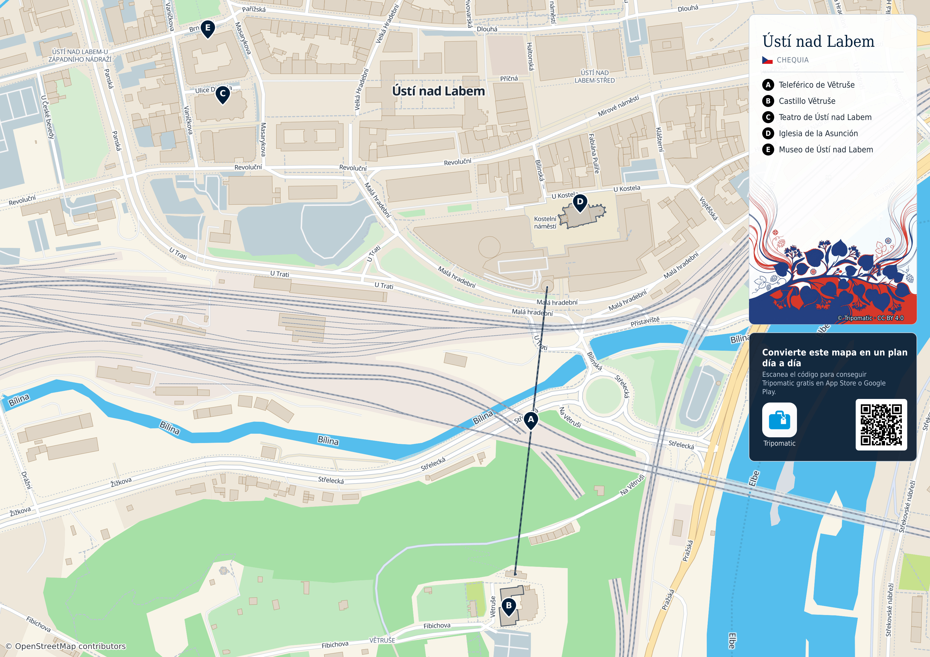 Ústí nad Labem – mapa turístico para imprimir con las principales atracciones numeradas