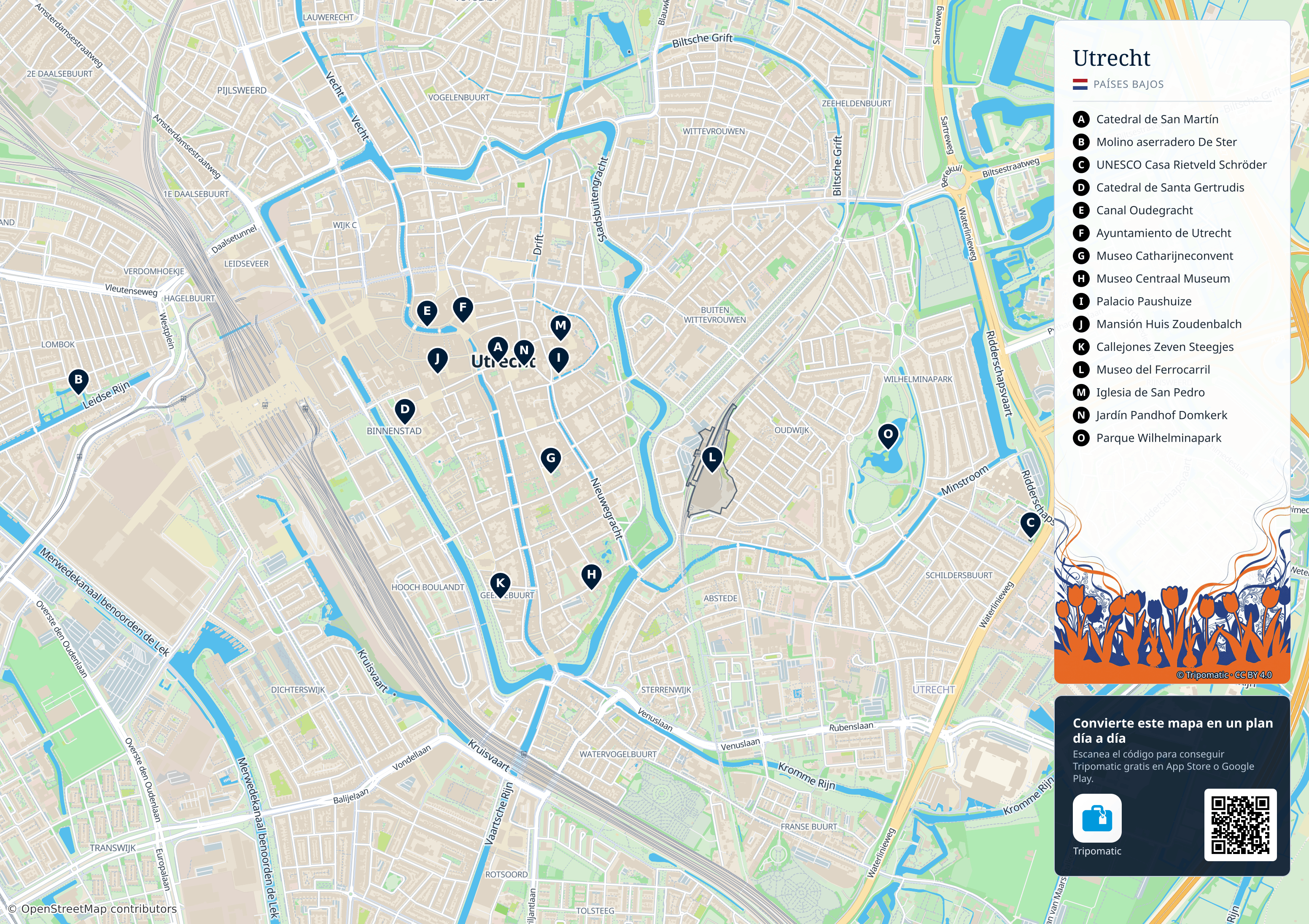 Utrecht – mapa turístico para imprimir con las principales atracciones numeradas
