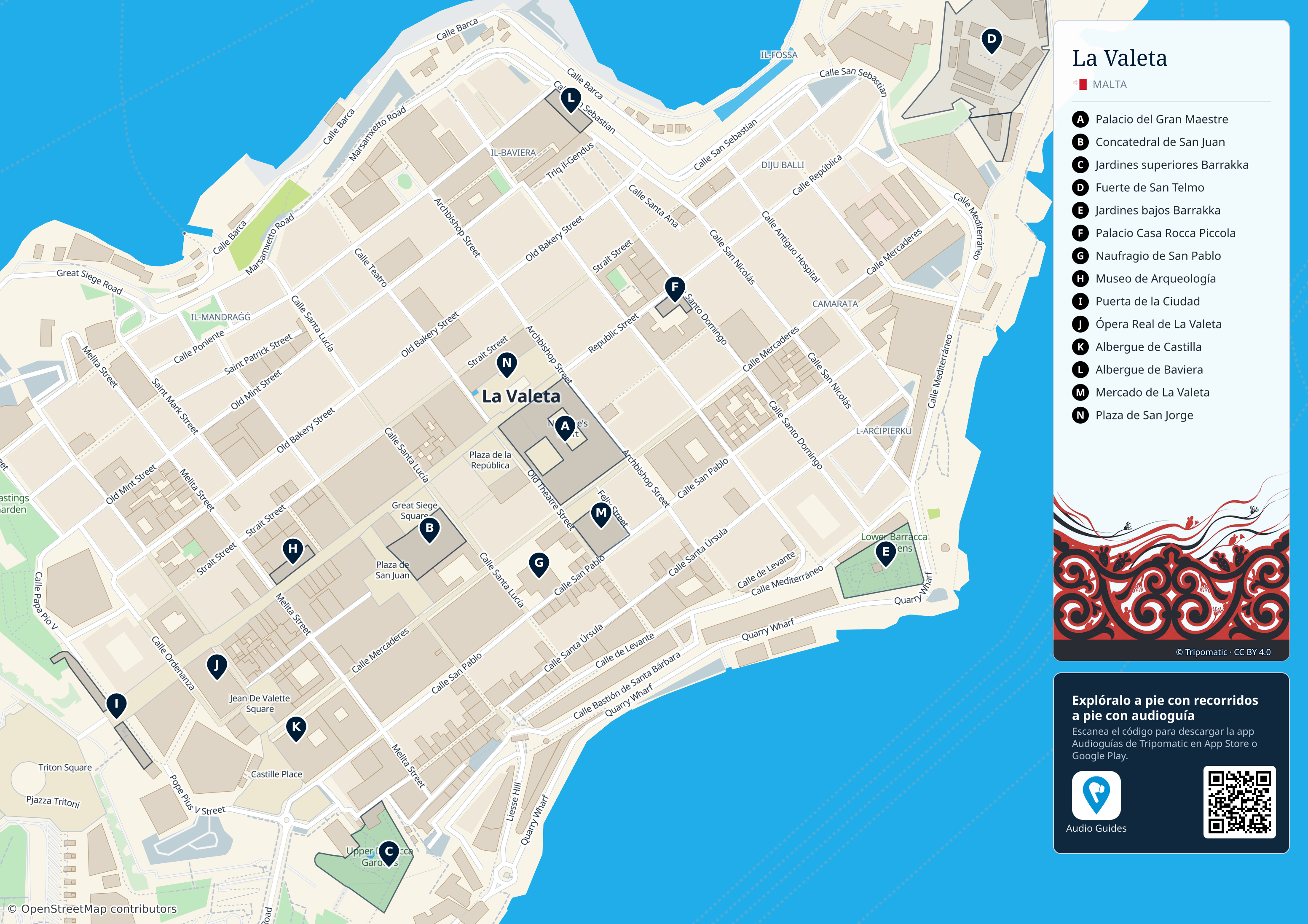 La Valeta – mapa turístico para imprimir con las principales atracciones numeradas