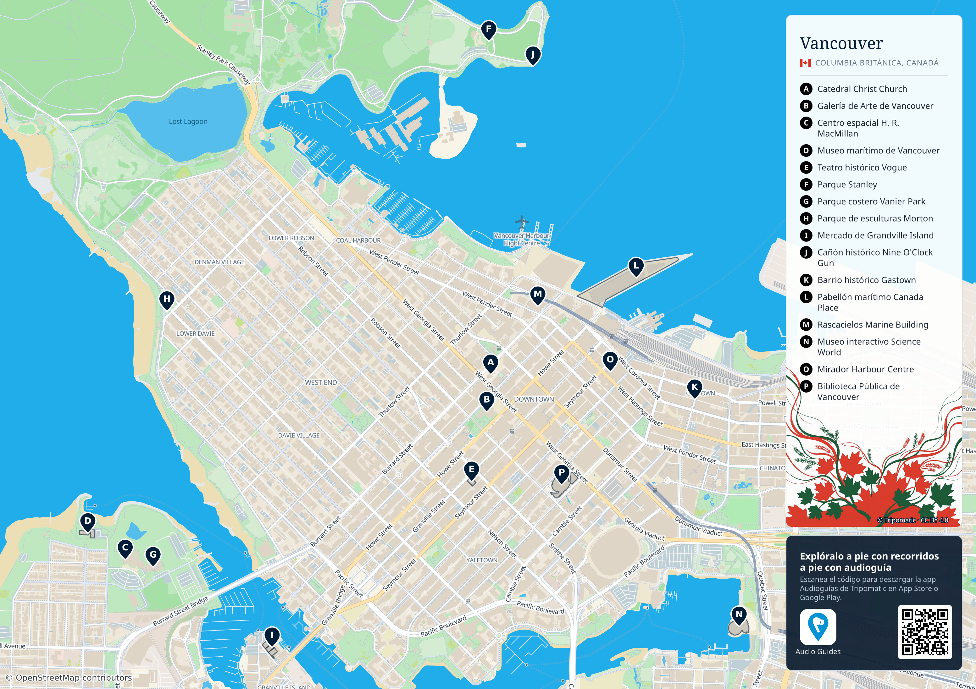 Vancouver – mapa turístico para imprimir con las principales atracciones numeradas