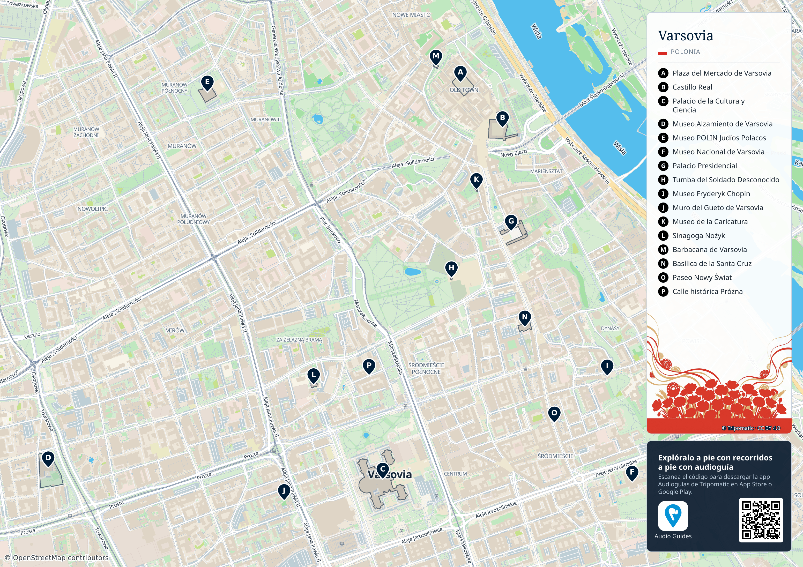 Varsovia – mapa turístico para imprimir con las principales atracciones numeradas