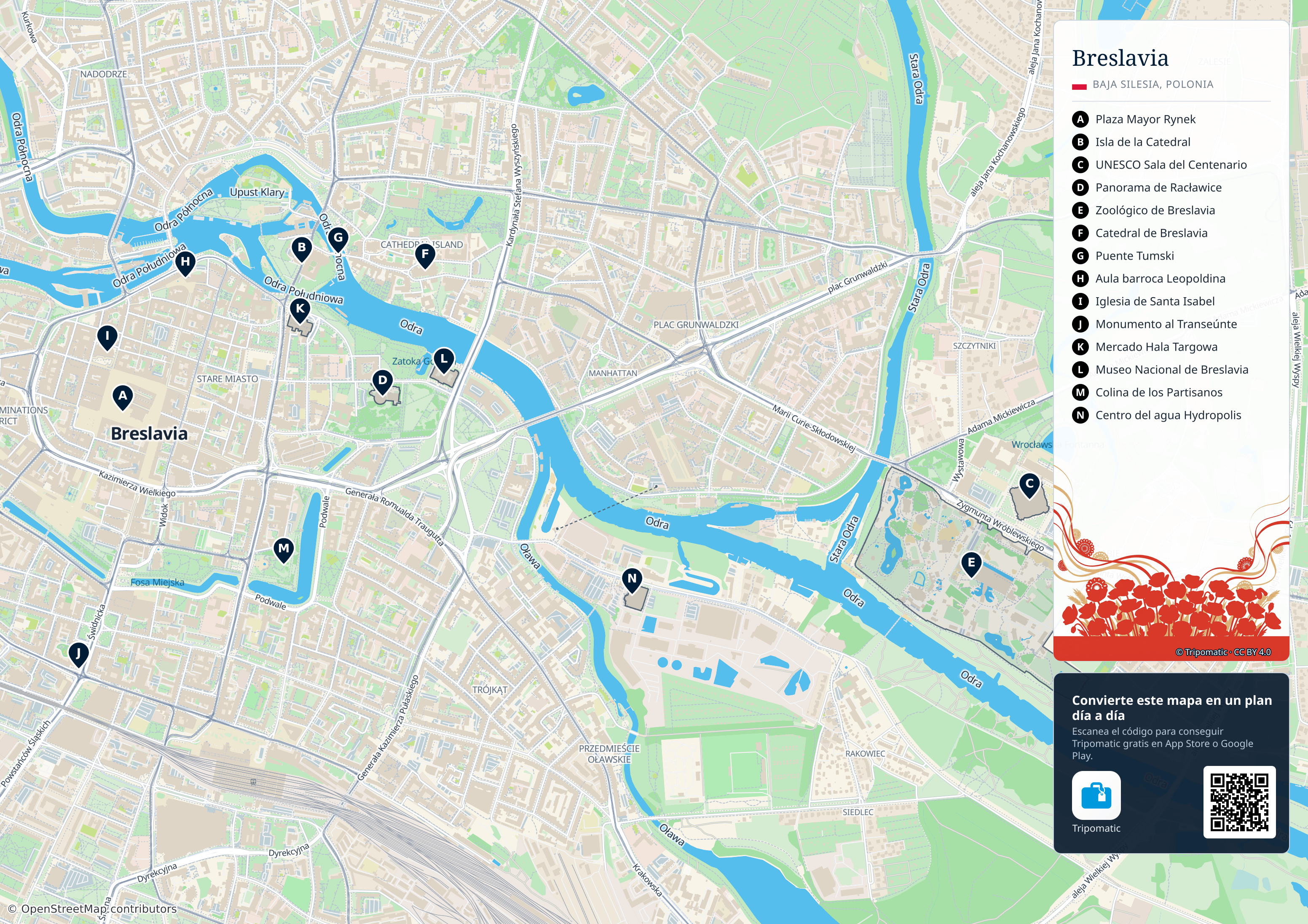Breslavia – mapa turístico para imprimir con las principales atracciones numeradas