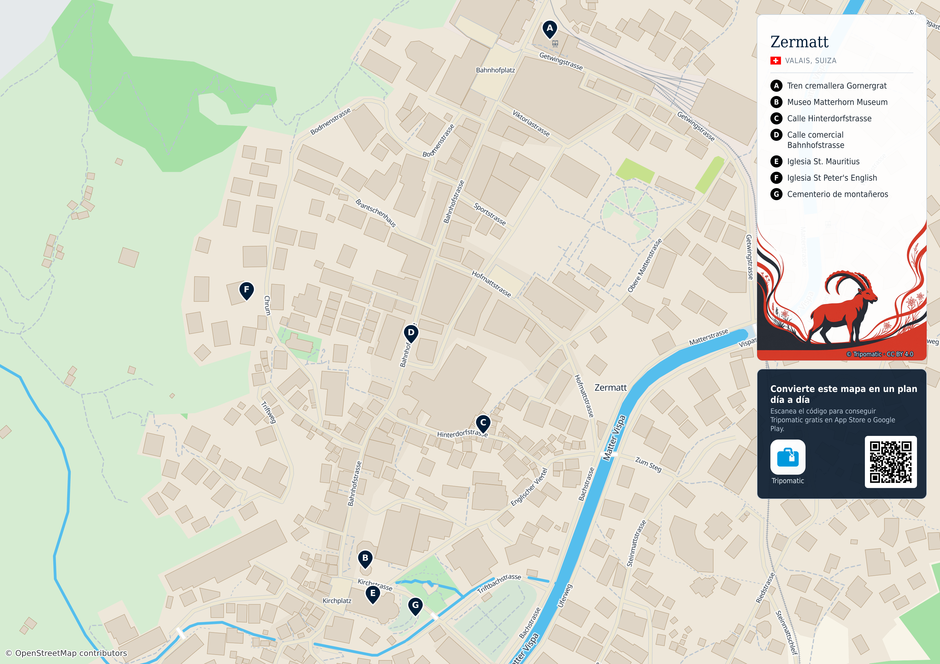 Zermatt – mapa turístico para imprimir con las principales atracciones numeradas