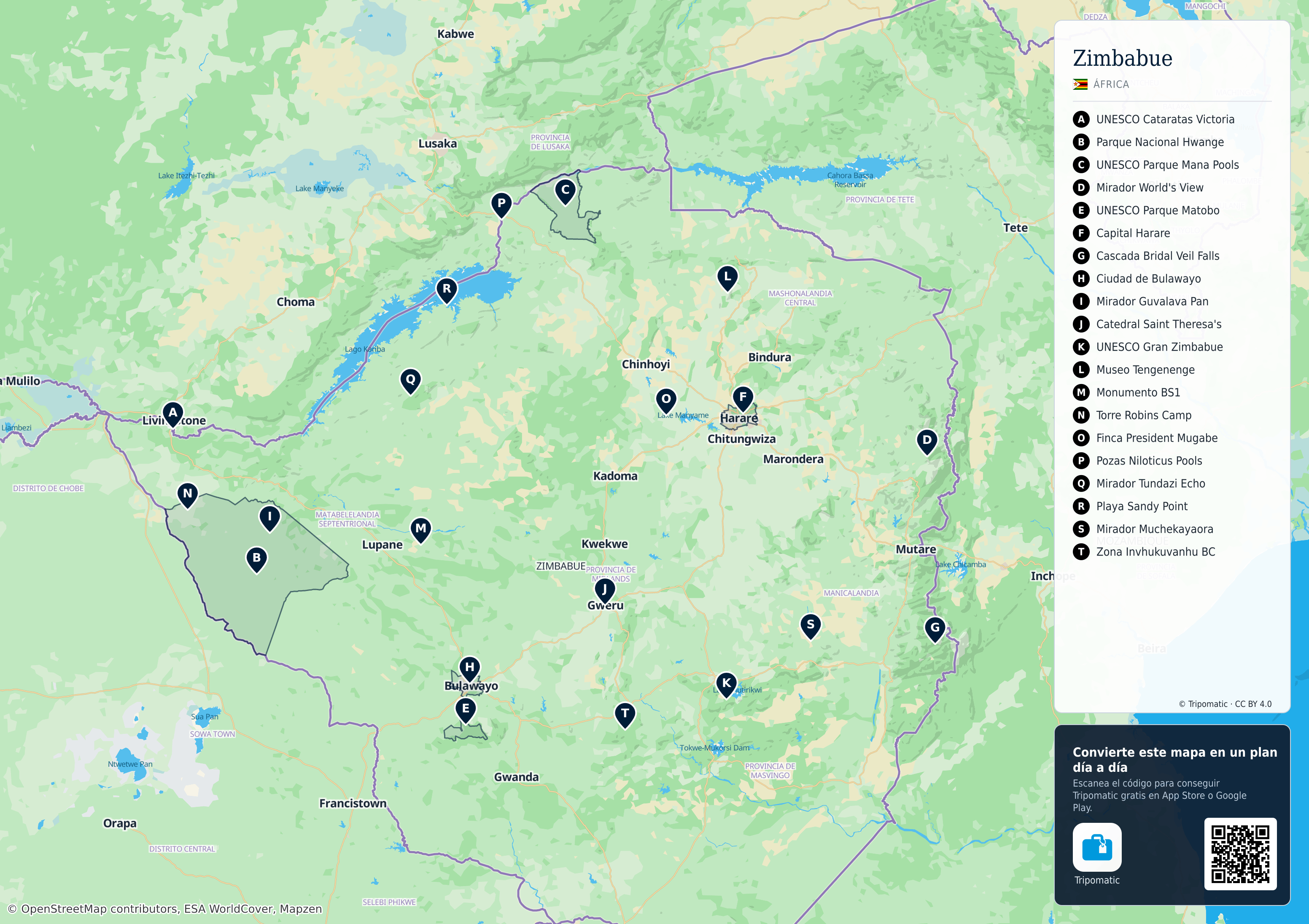 Zimbabue – mapa turístico para imprimir con las principales atracciones numeradas