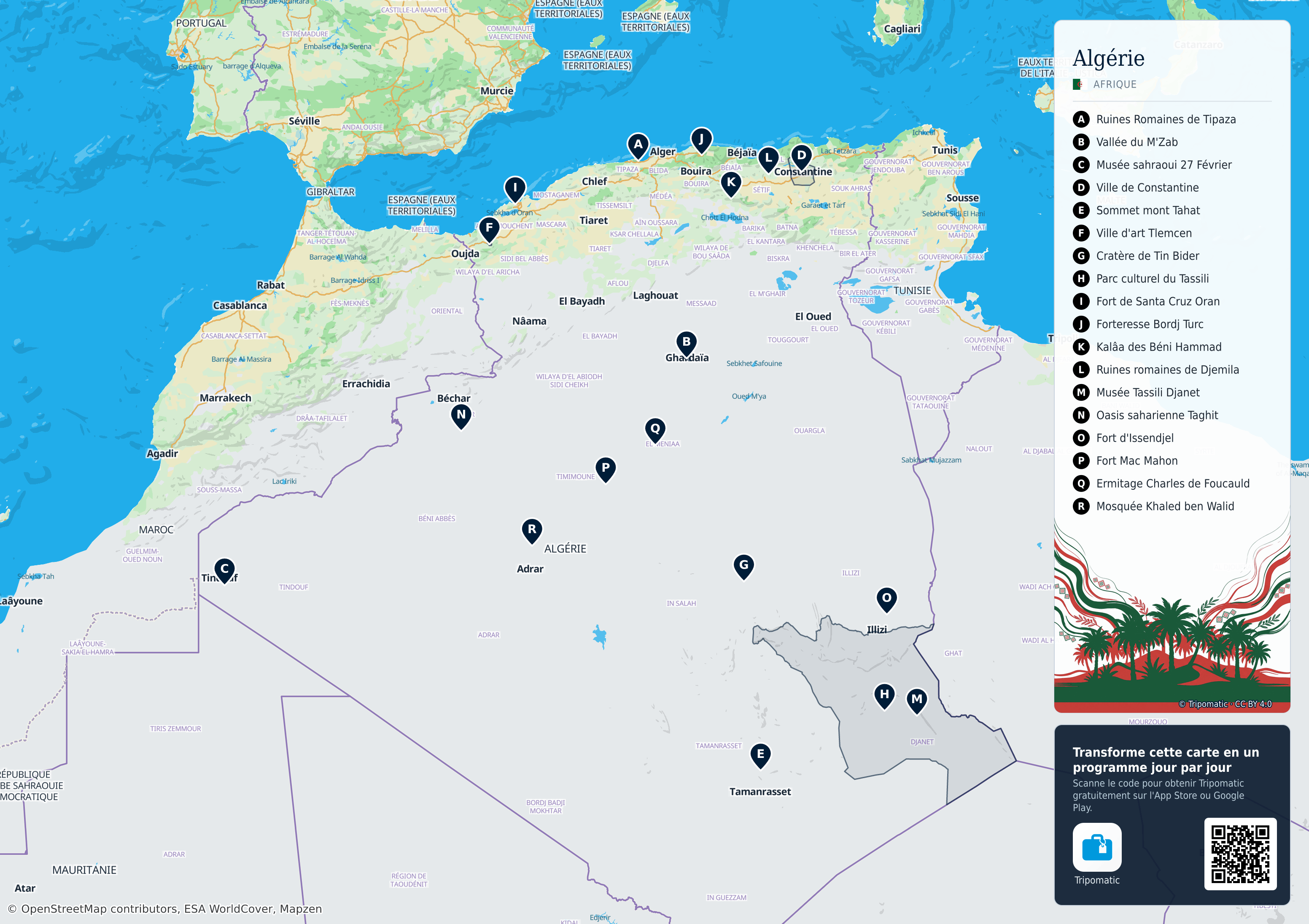Algérie – carte touristique imprimable avec attractions majeures numérotées