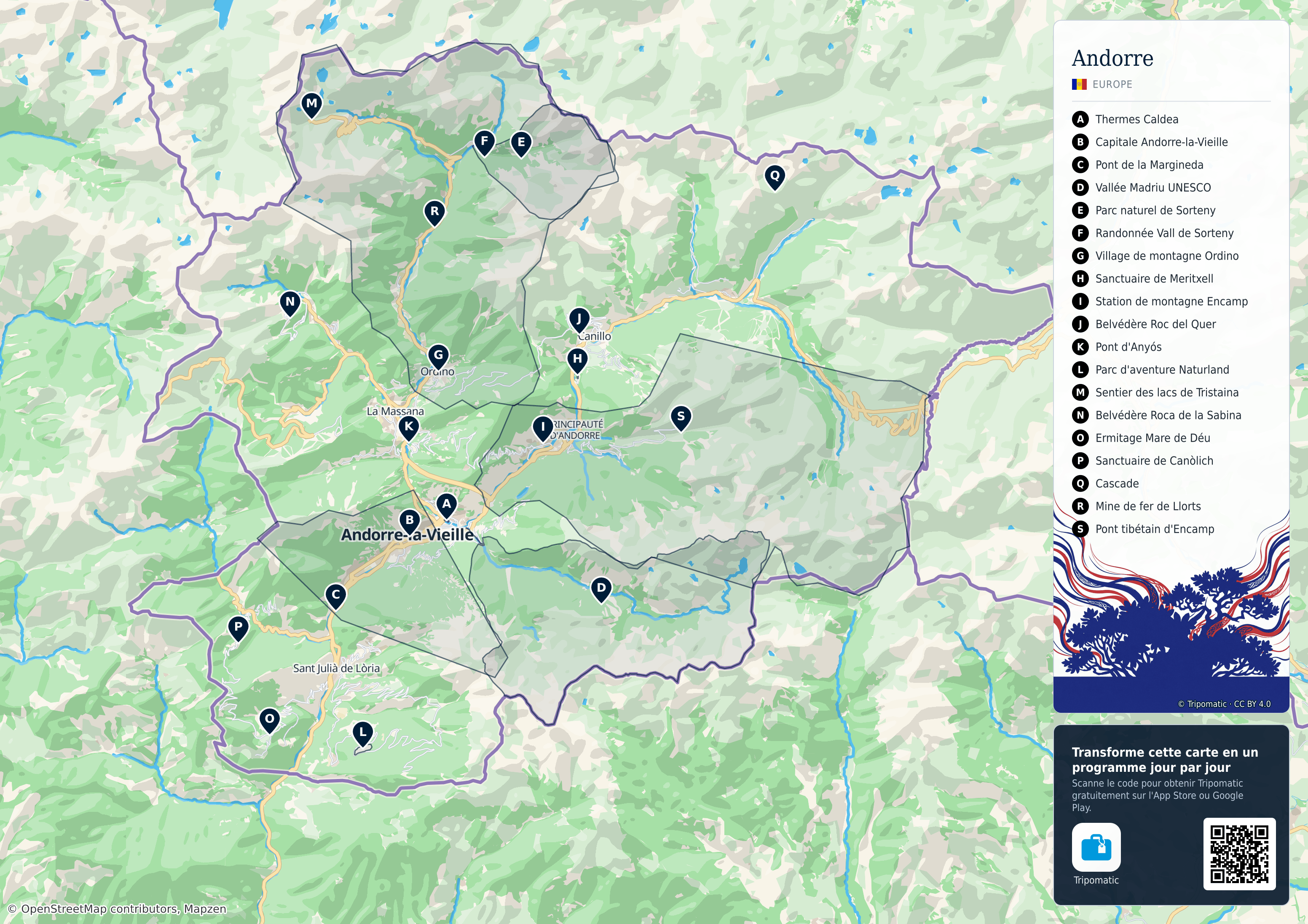 Andorre – carte touristique imprimable avec attractions majeures numérotées