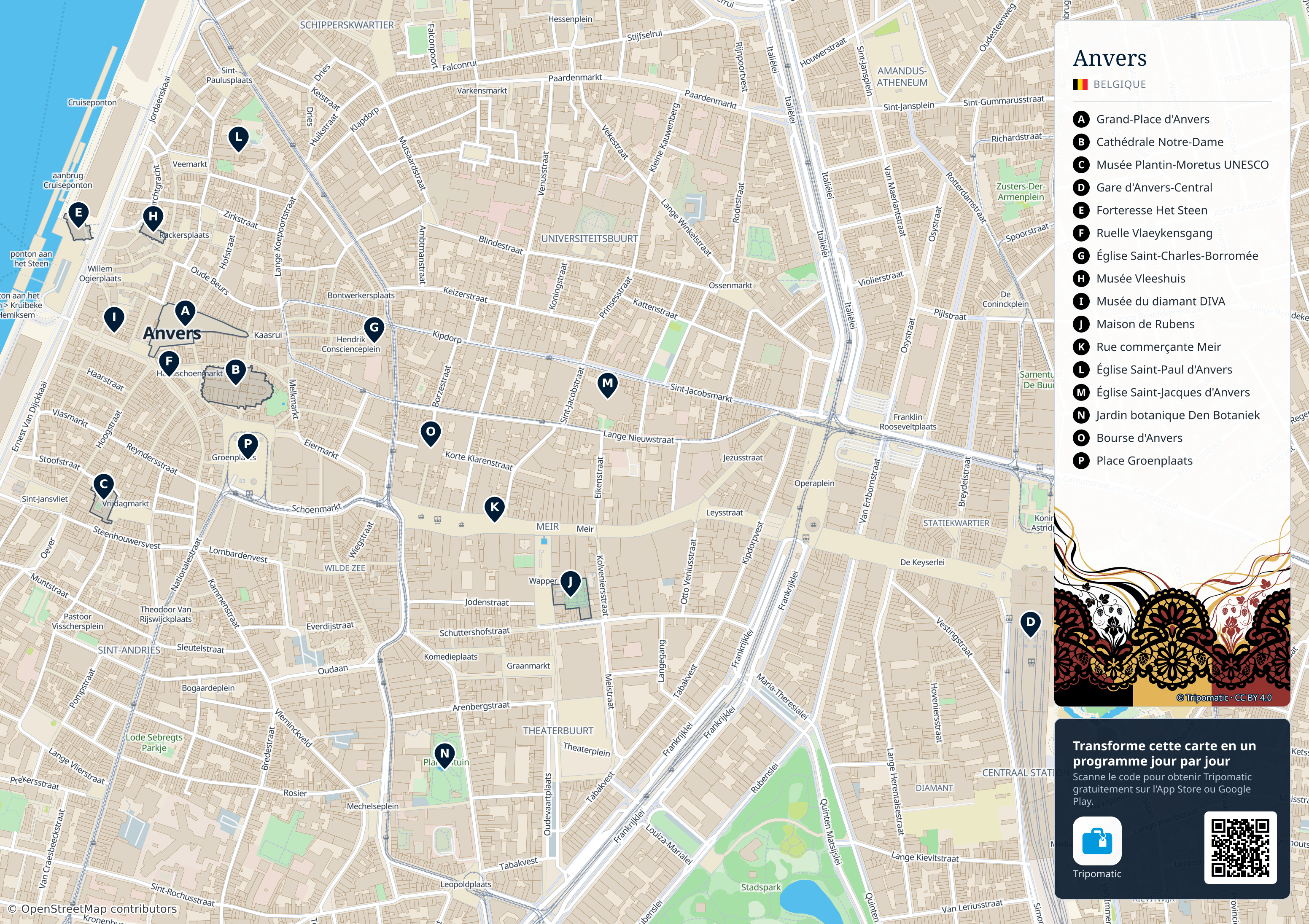 Anvers – carte touristique imprimable avec attractions majeures numérotées