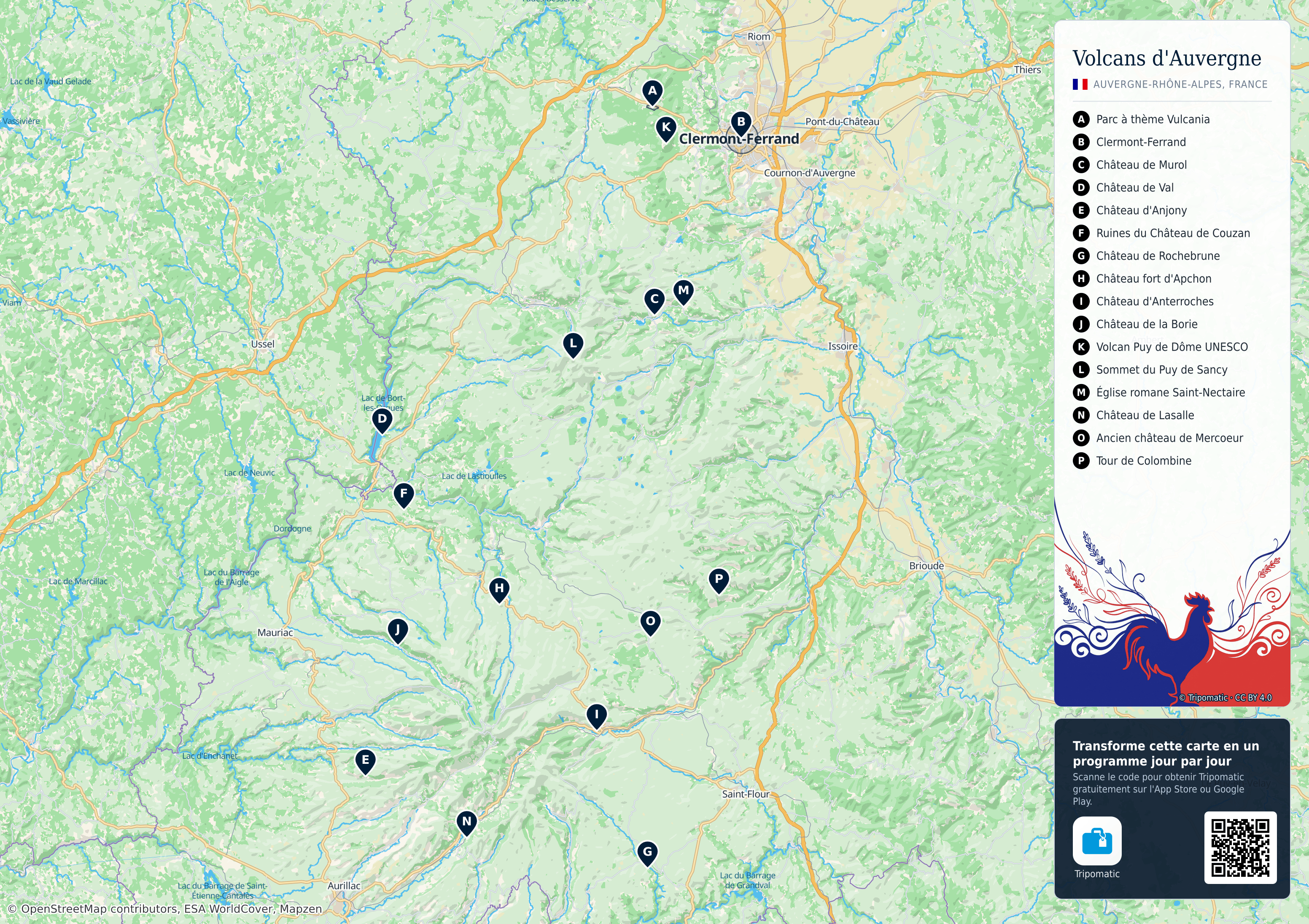 Parc naturel régional des Volcans d'Auvergne – carte touristique imprimable avec attractions majeures numérotées