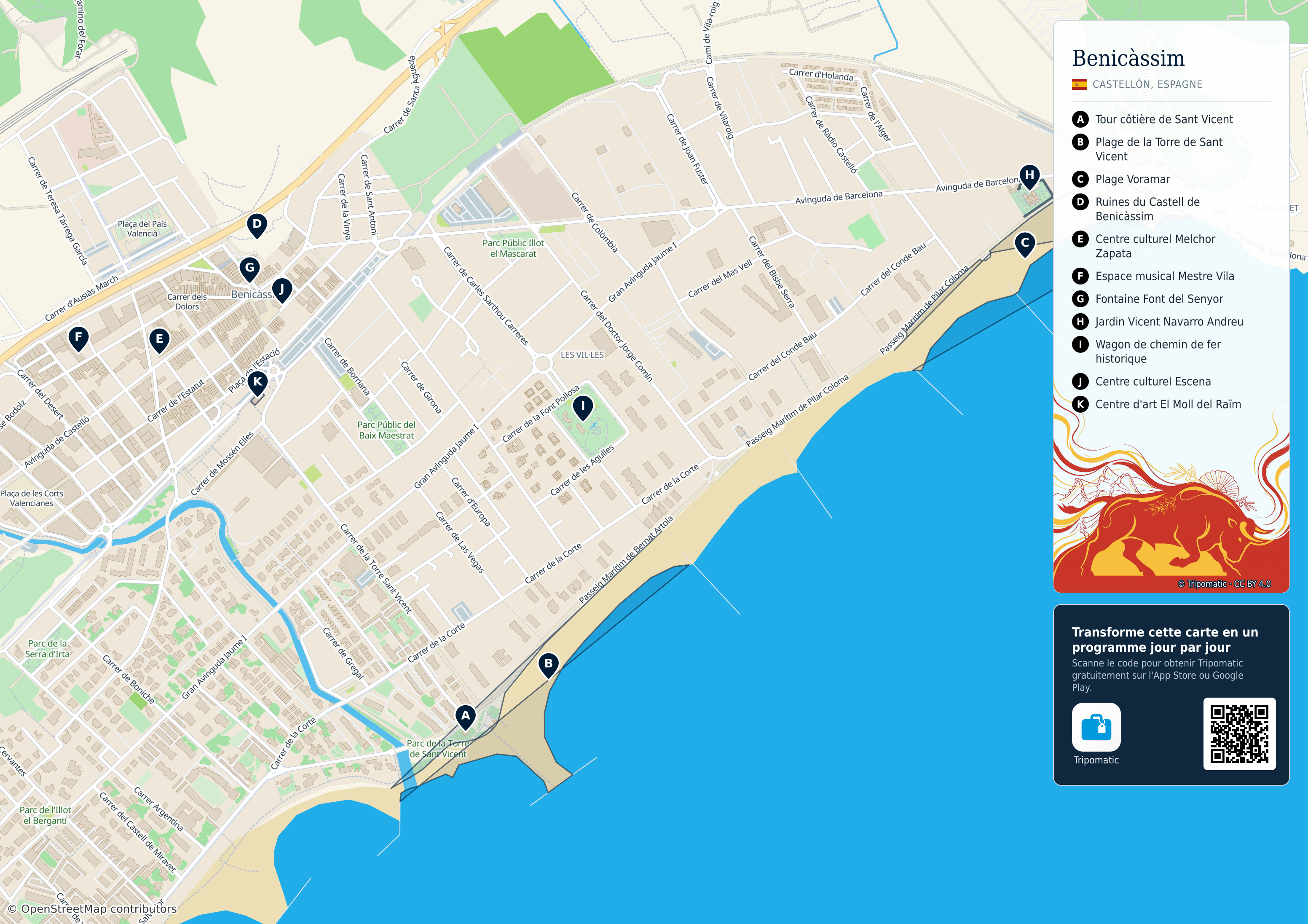Benicàssim – carte touristique imprimable avec attractions majeures numérotées