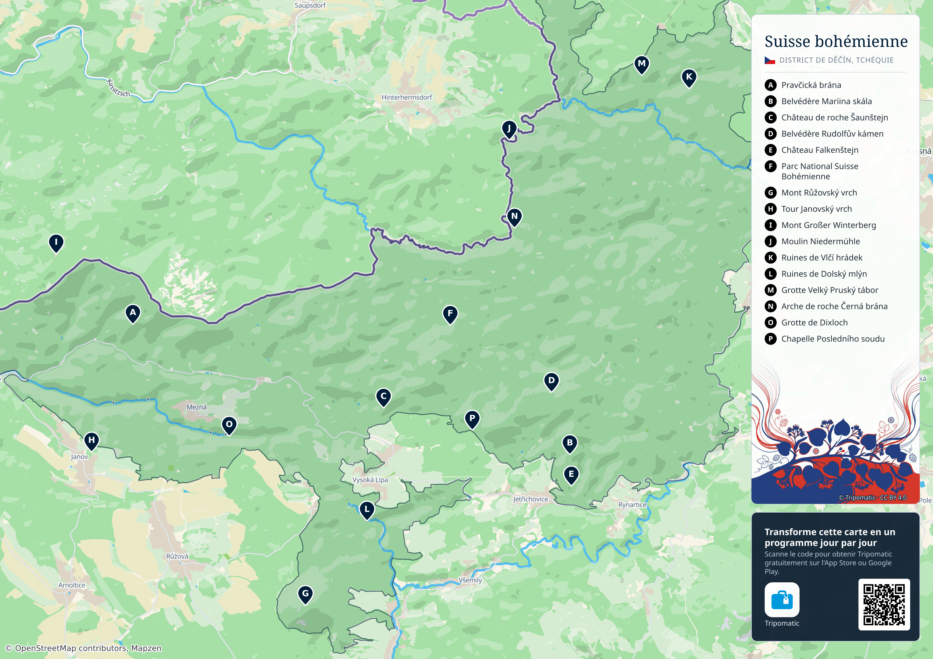Parc national de la Suisse bohémienne – carte touristique imprimable avec attractions majeures numérotées