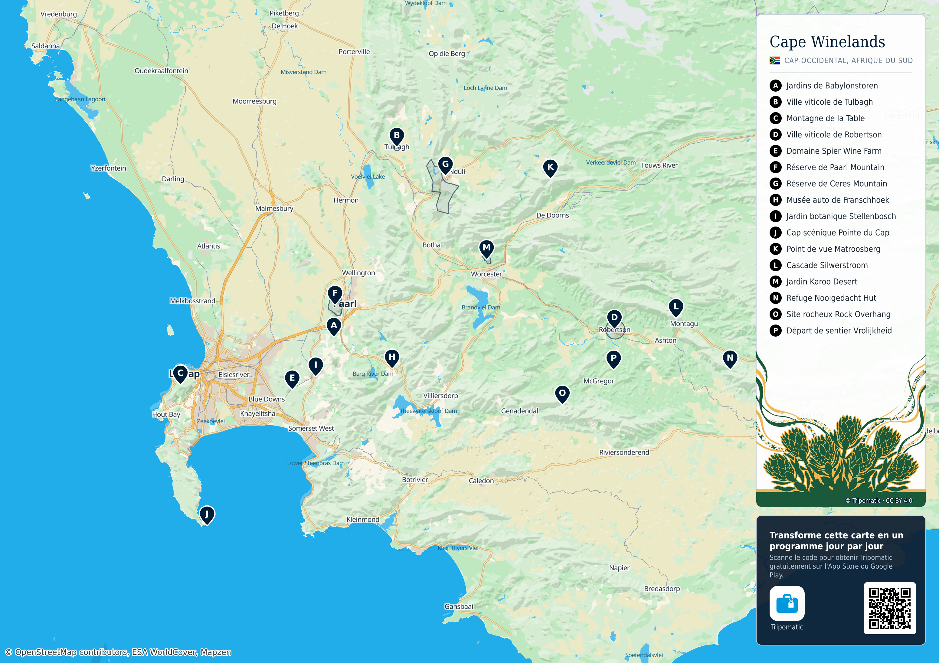 District de Cape Winelands - Carte touristique imprimable