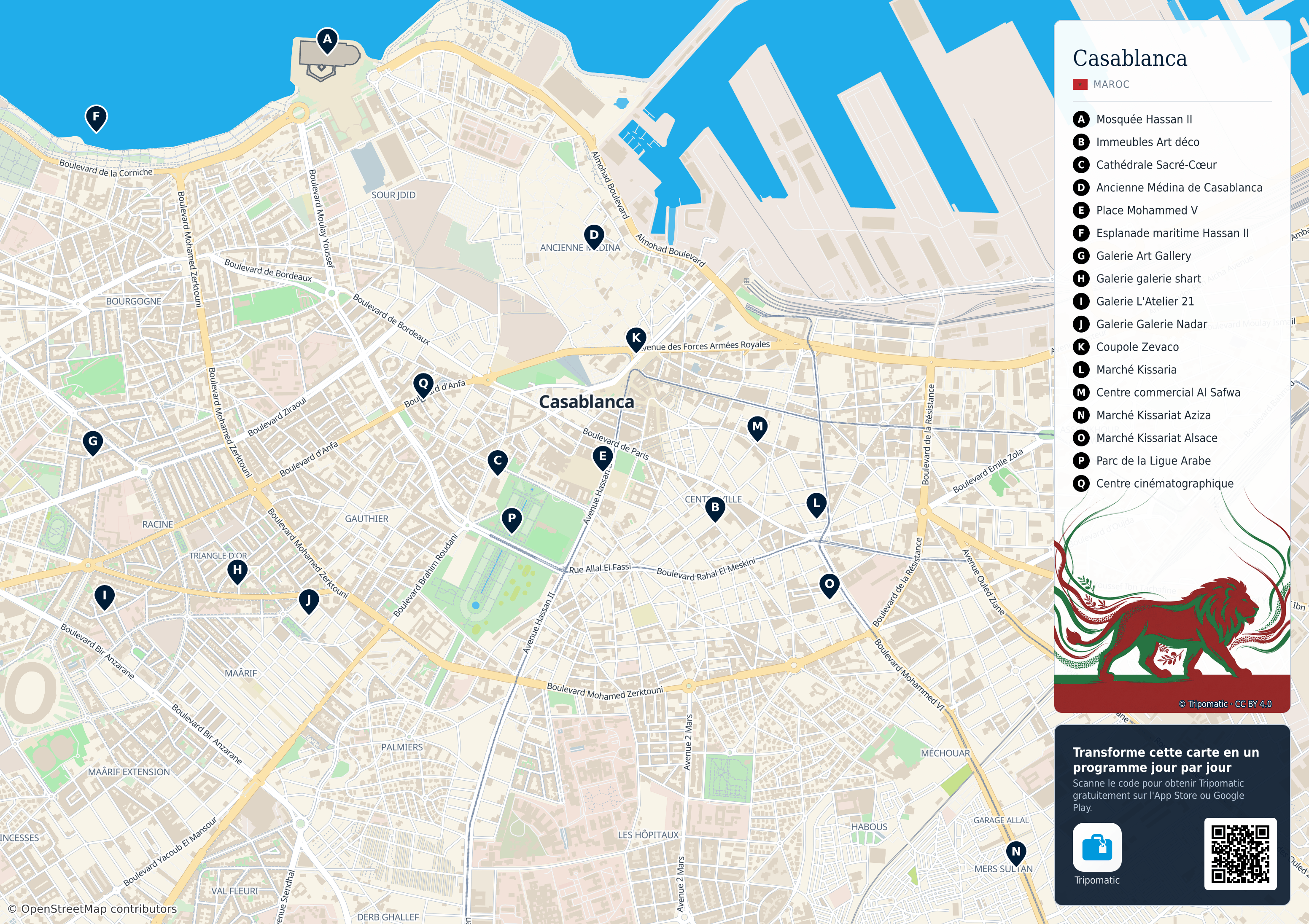 Casablanca – carte touristique imprimable avec attractions majeures numérotées
