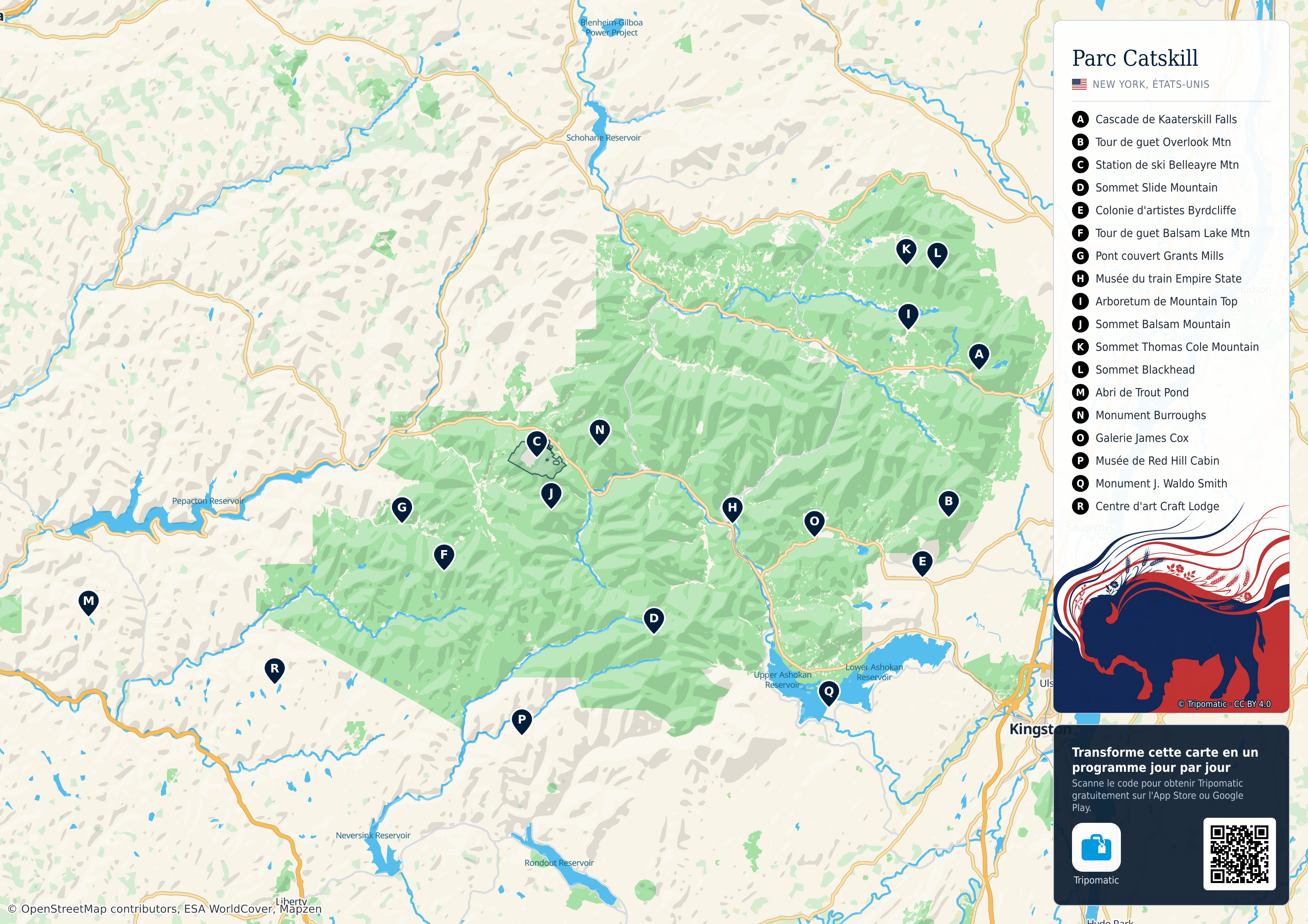 Parc Catskill – carte touristique imprimable avec attractions majeures numérotées