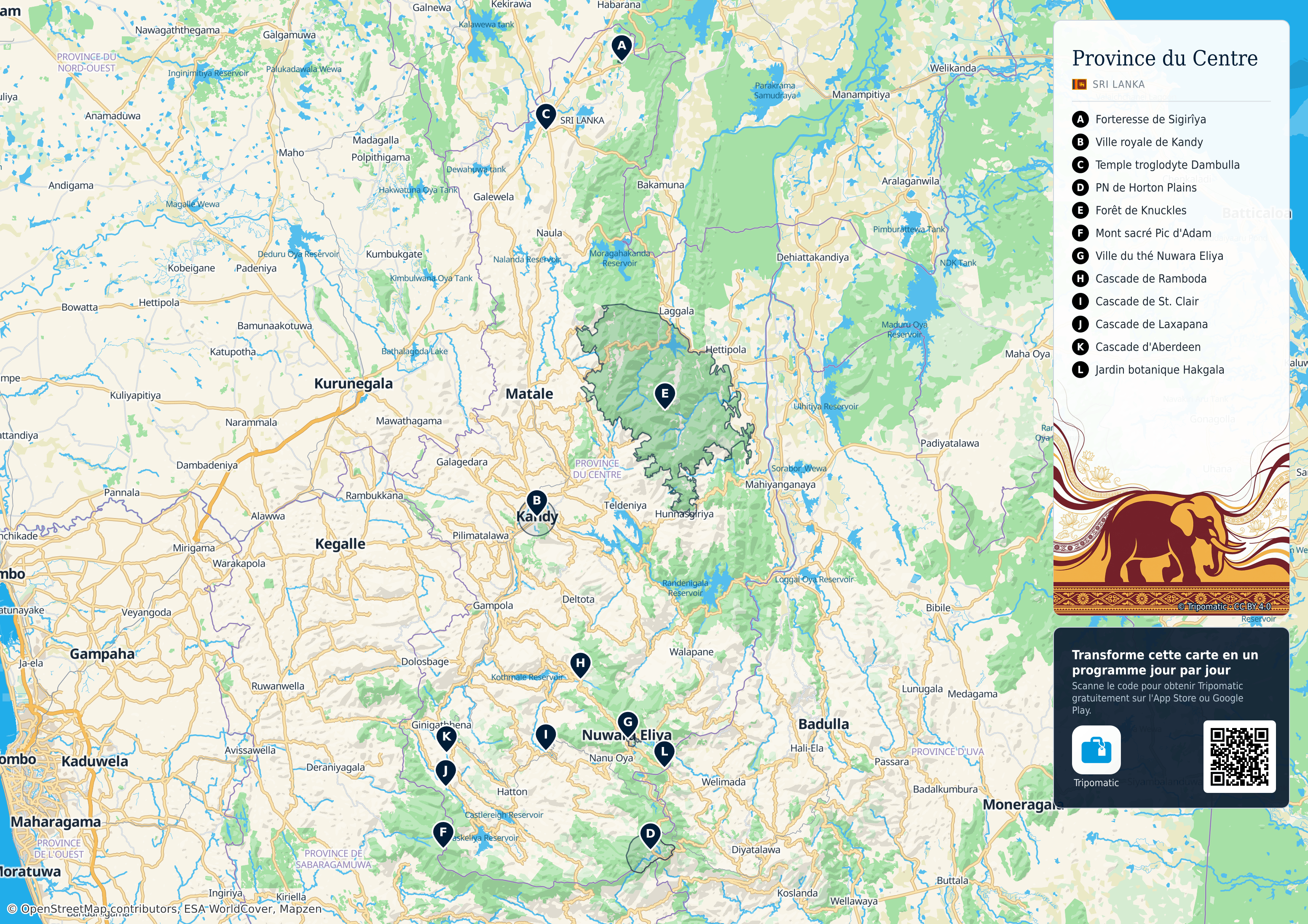 Province du Centre – carte touristique imprimable avec attractions majeures numérotées