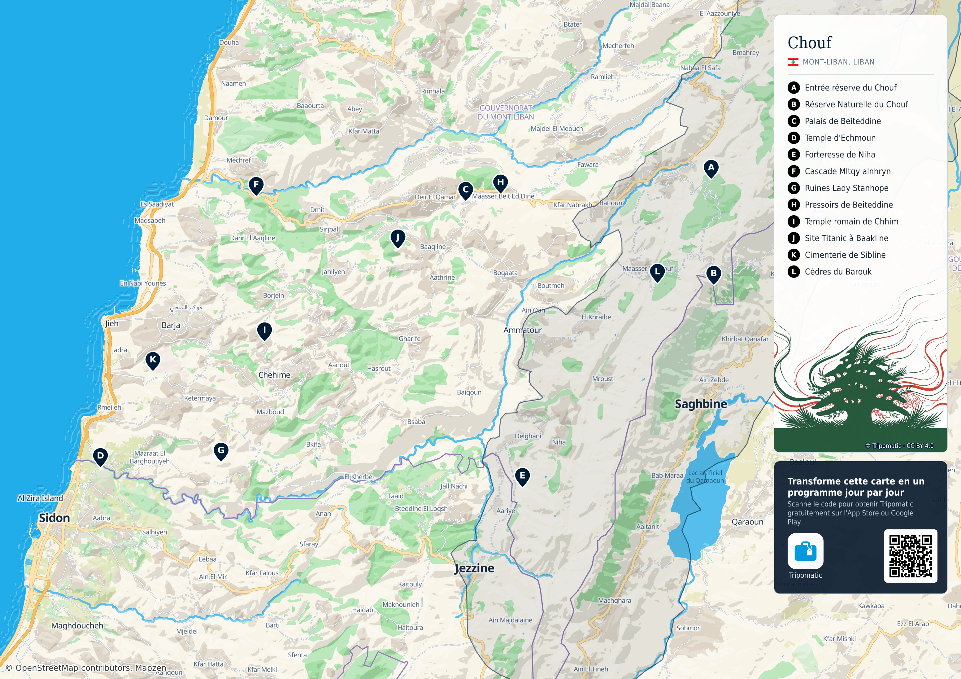District du Chouf – carte touristique imprimable avec attractions majeures numérotées