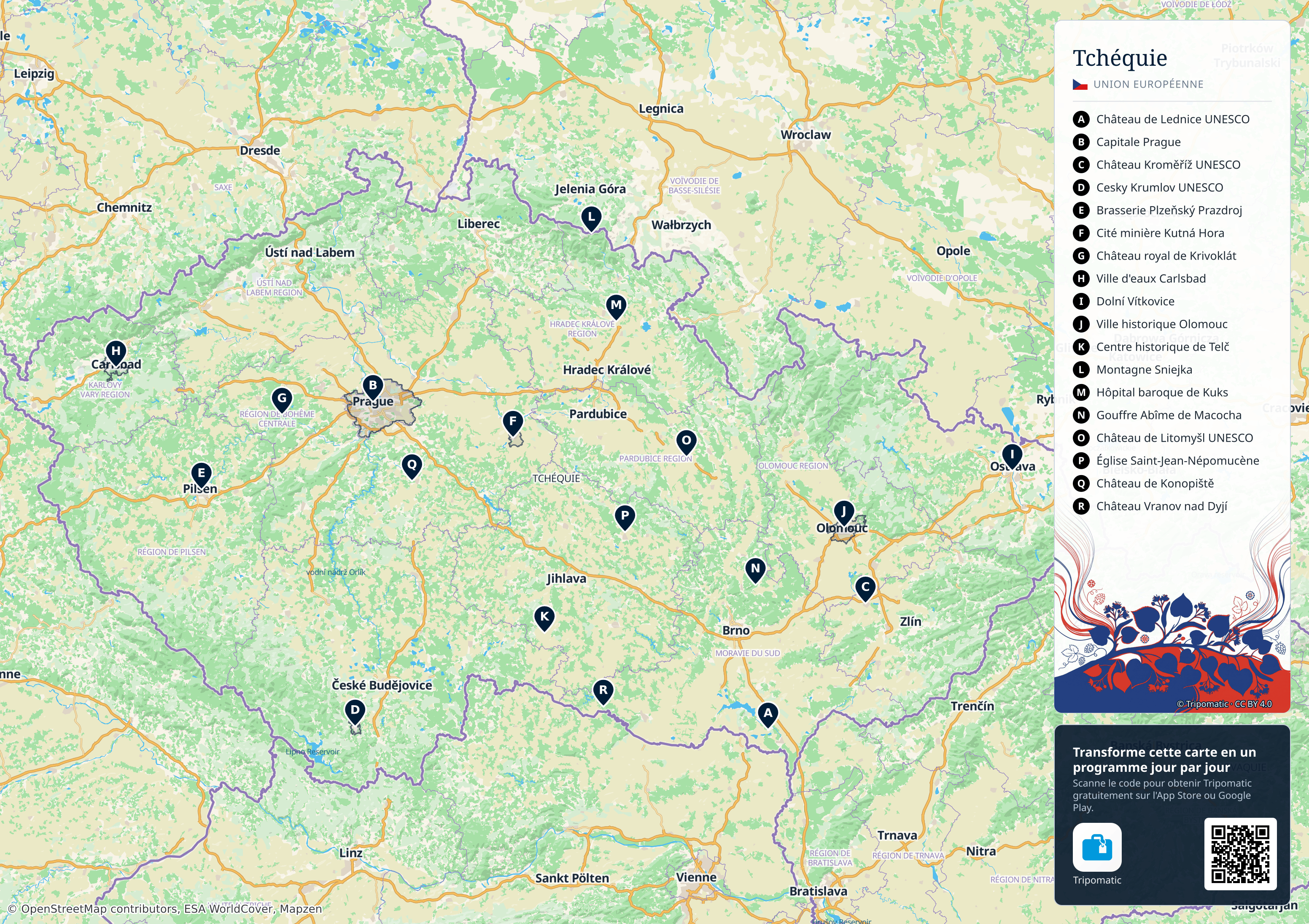 Tchéquie – carte touristique imprimable avec attractions majeures numérotées