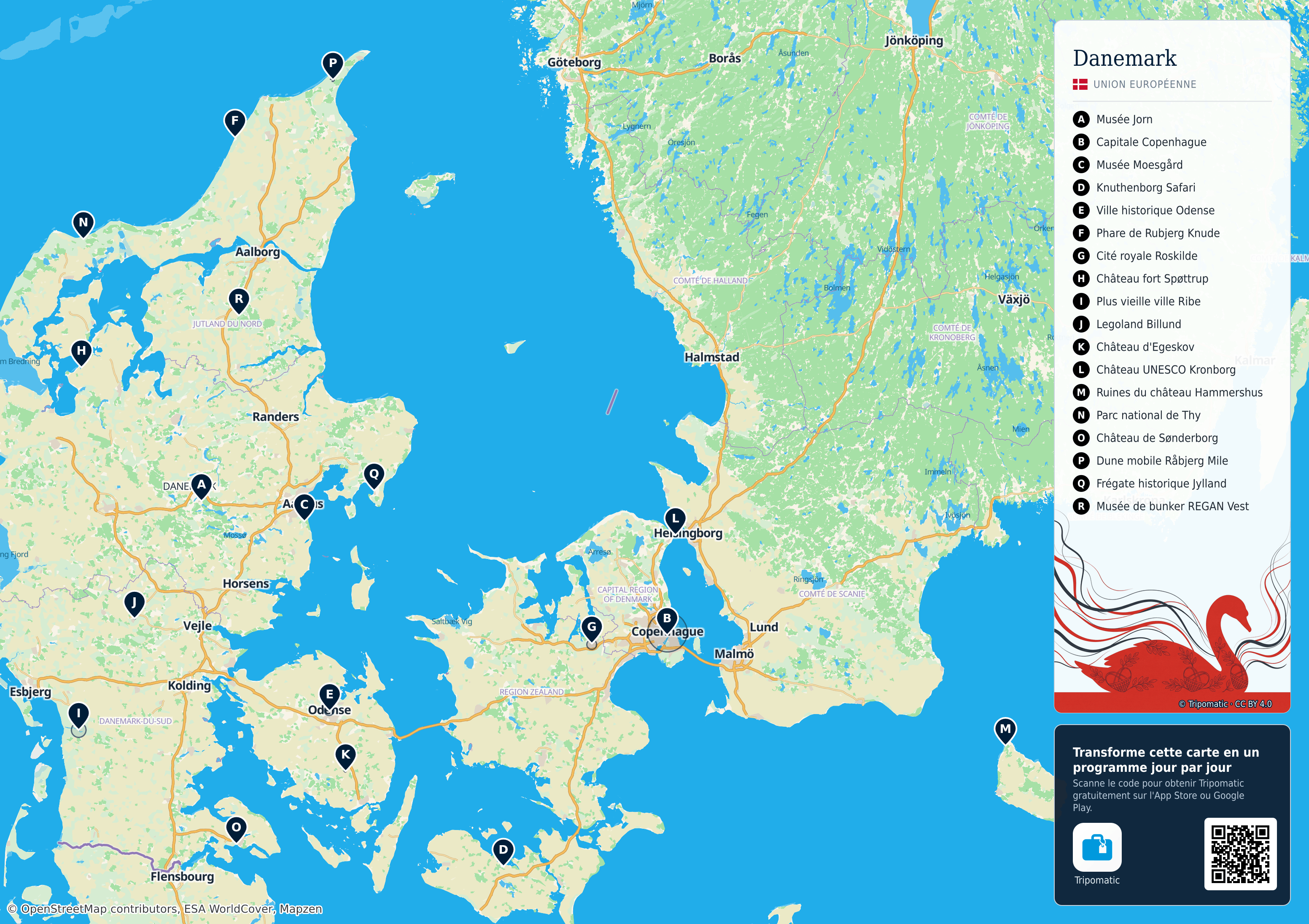 Danemark – carte touristique imprimable avec attractions majeures numérotées