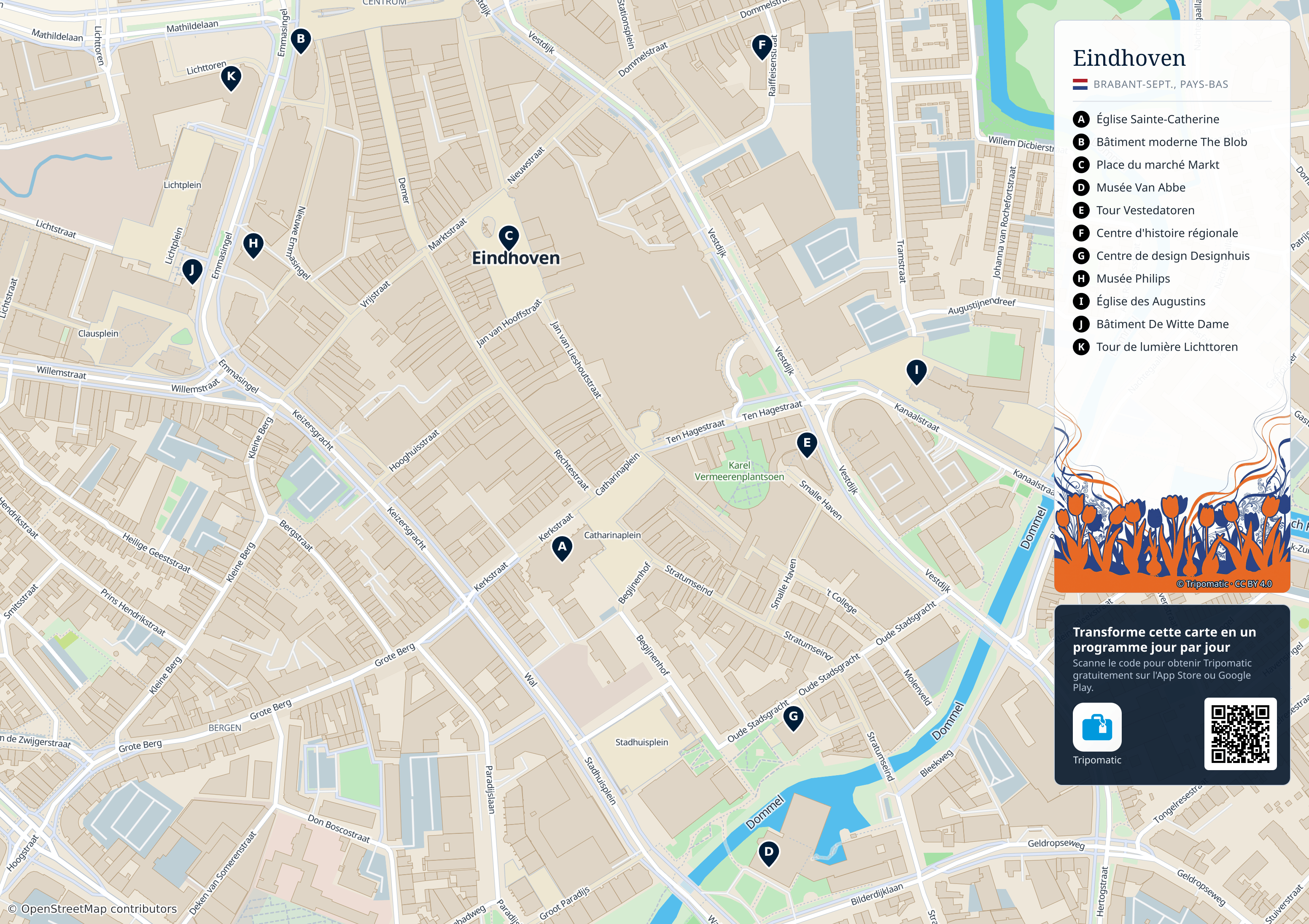Eindhoven – carte touristique imprimable avec attractions majeures numérotées