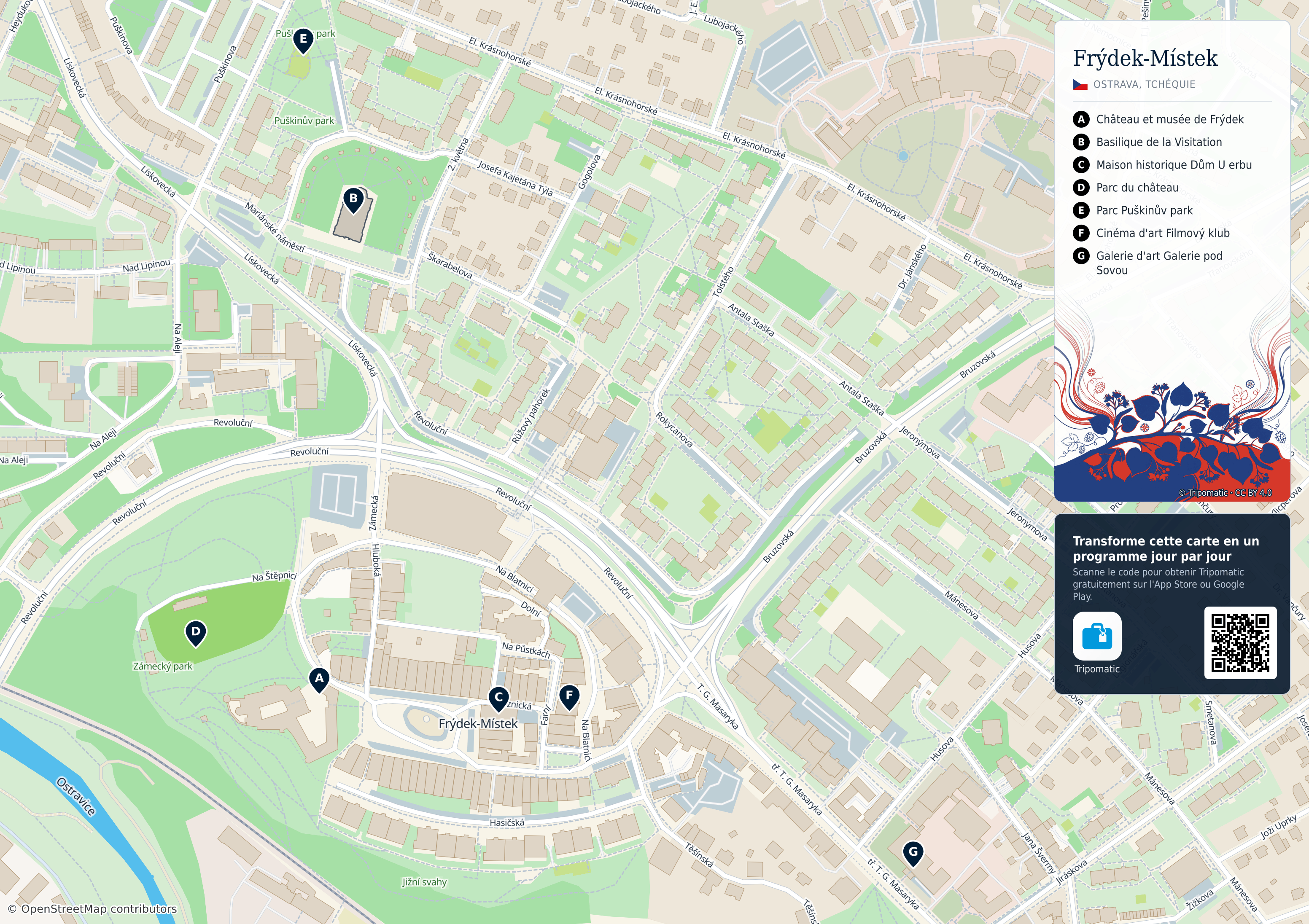 Frýdek-Místek – carte touristique imprimable avec attractions majeures numérotées
