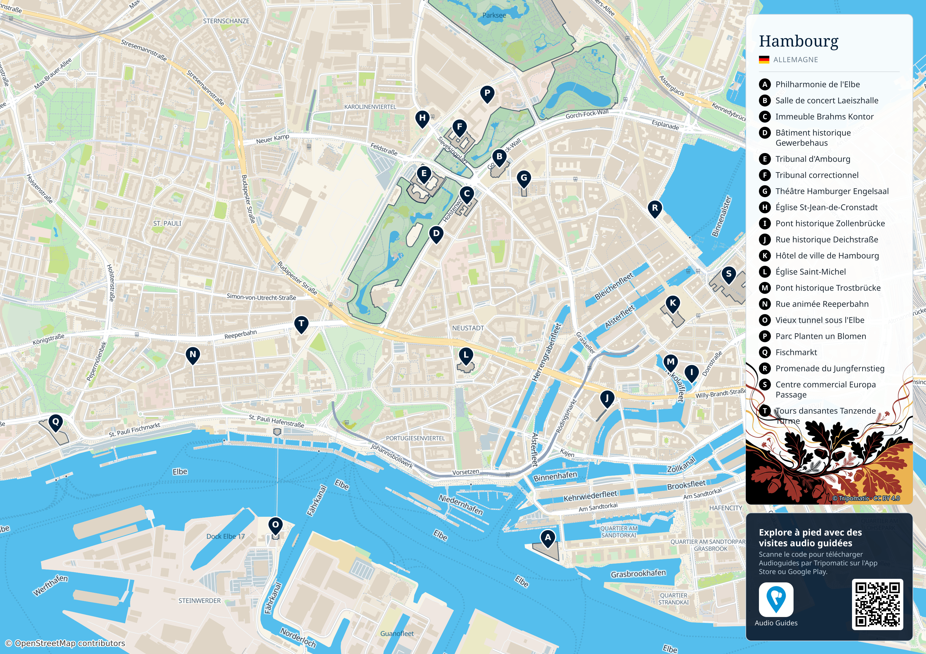 Hambourg – carte touristique imprimable avec attractions majeures numérotées