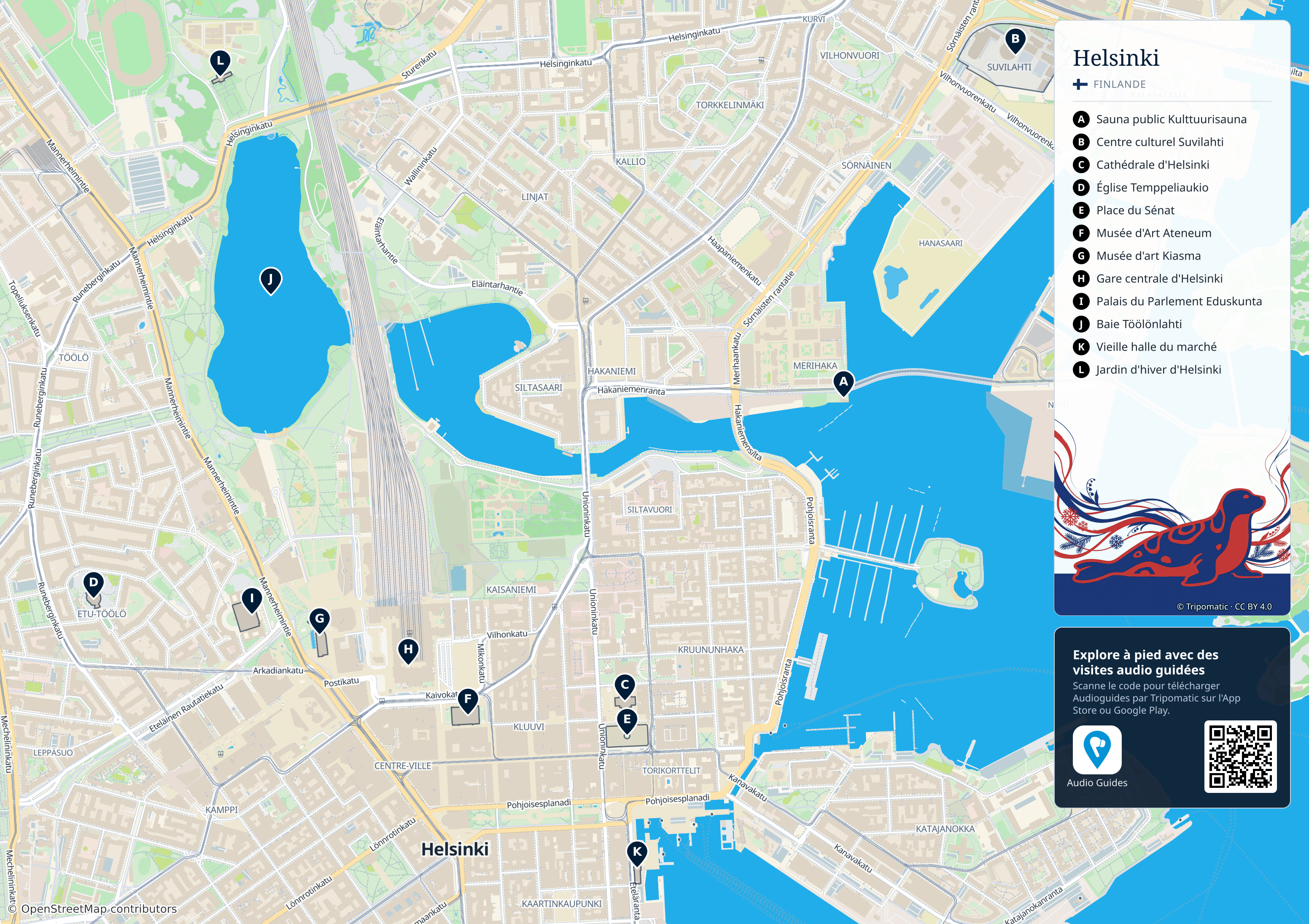 Helsinki – carte touristique imprimable avec attractions majeures numérotées