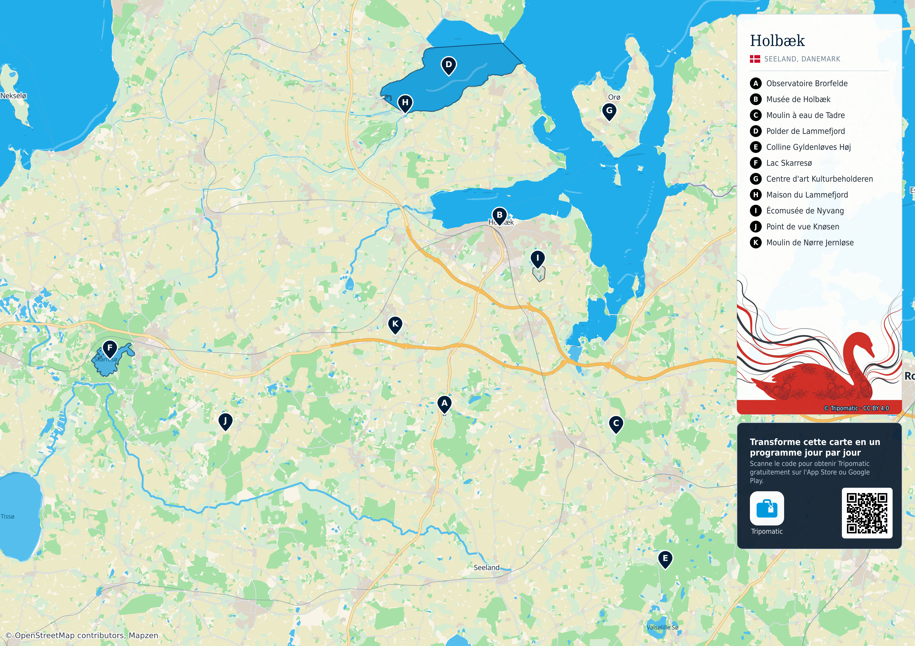 Holbæk – carte touristique imprimable avec attractions majeures numérotées