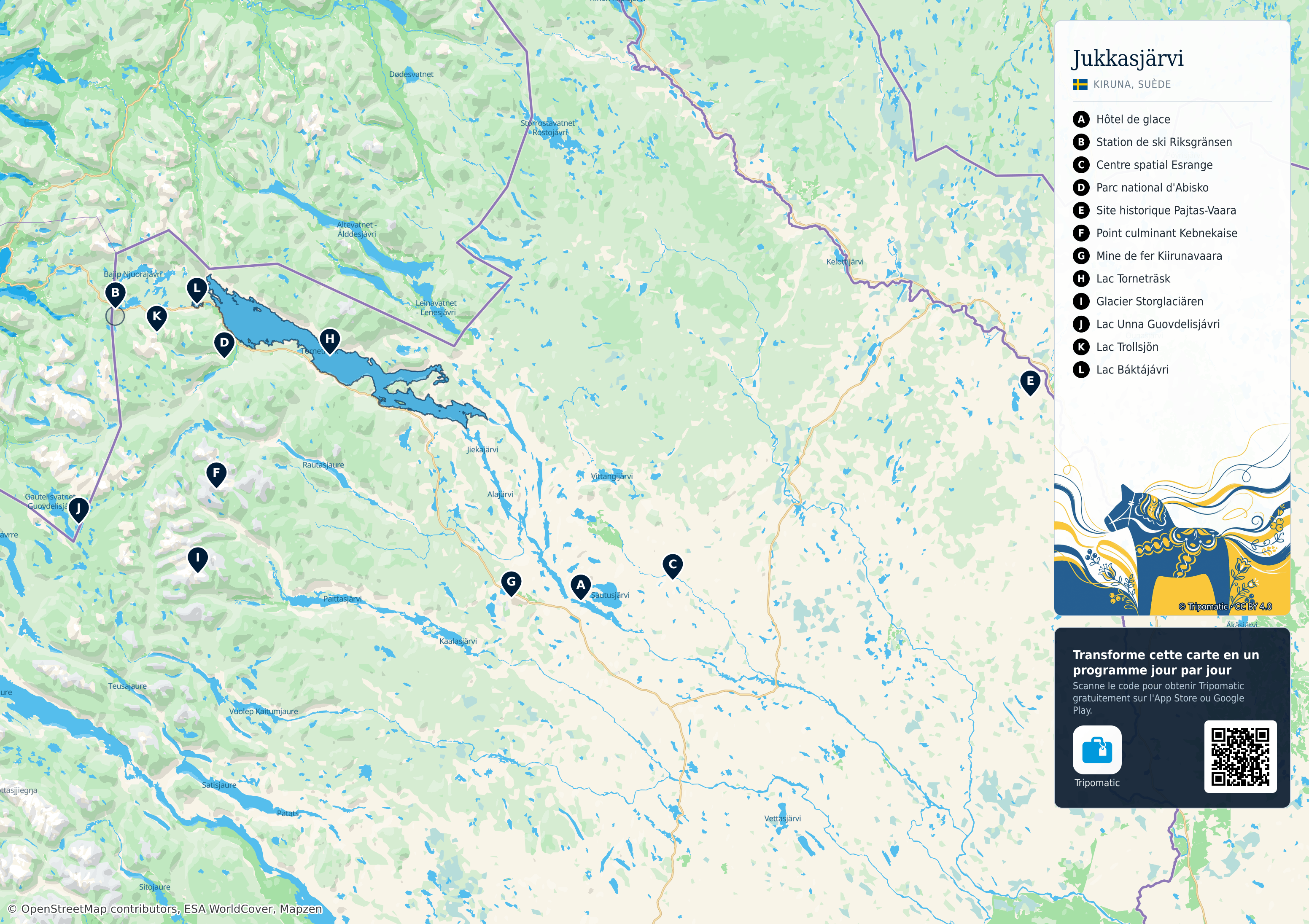 Jukkasjärvi – carte touristique imprimable avec attractions majeures numérotées