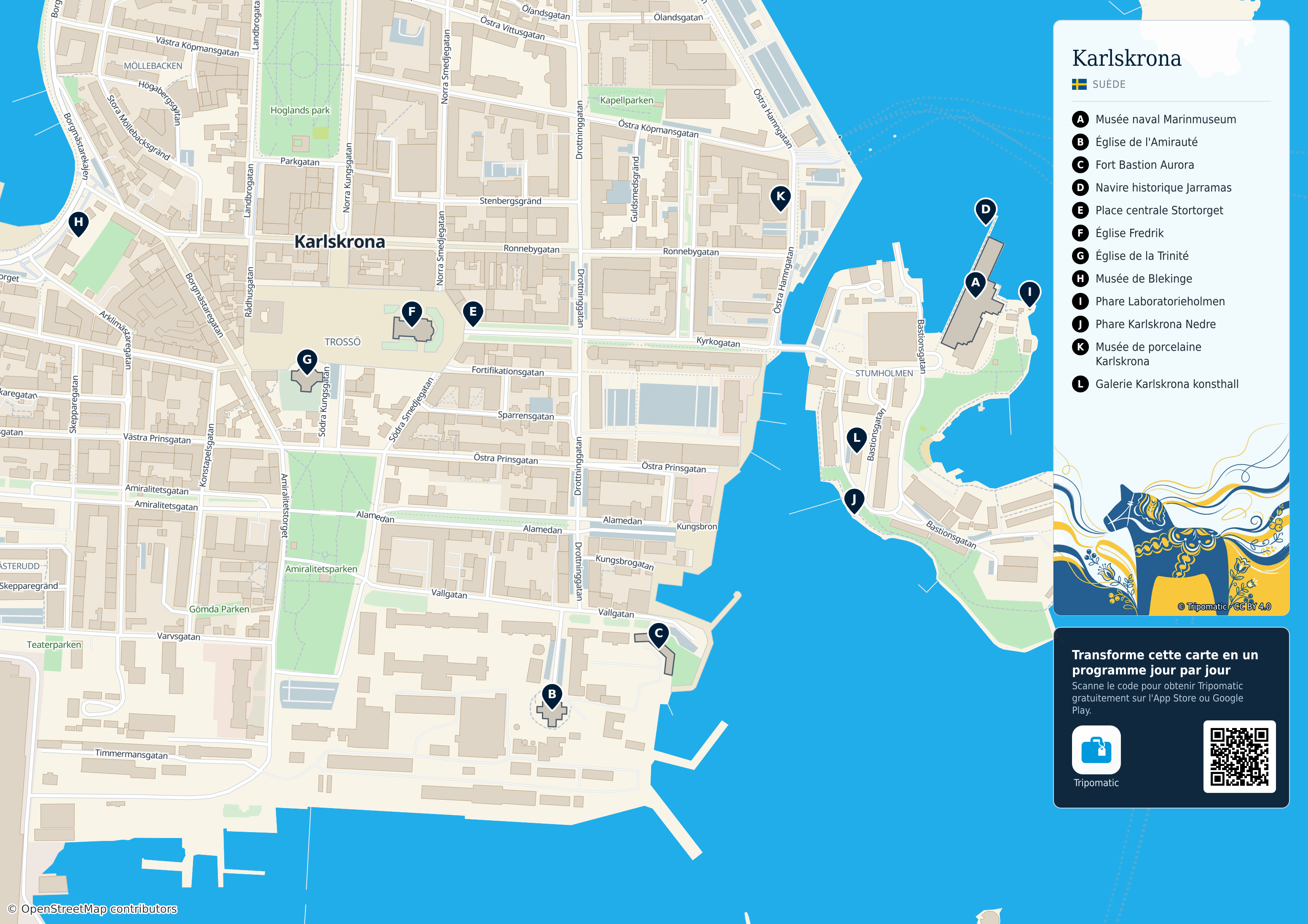 Karlskrona stadsdistrikt – carte touristique imprimable avec attractions majeures numérotées