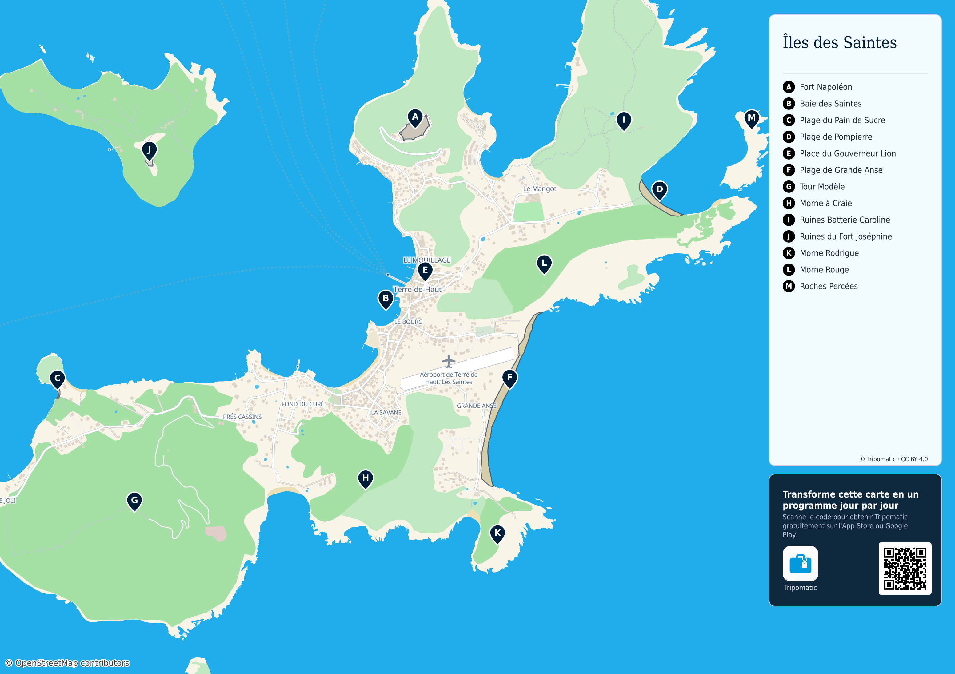 Îles des Saintes – carte touristique imprimable avec attractions majeures numérotées