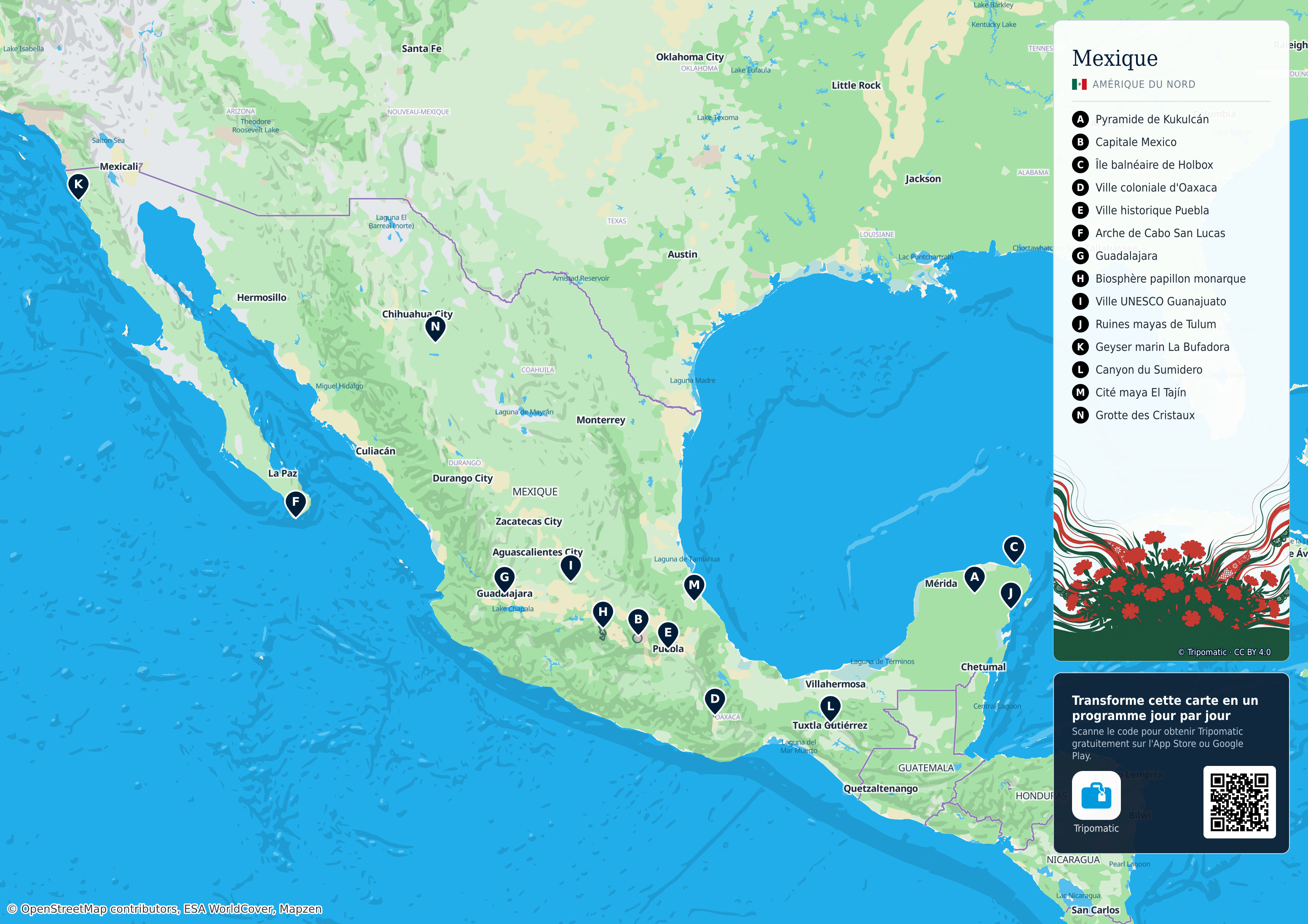 Mexique – carte touristique imprimable avec attractions majeures numérotées