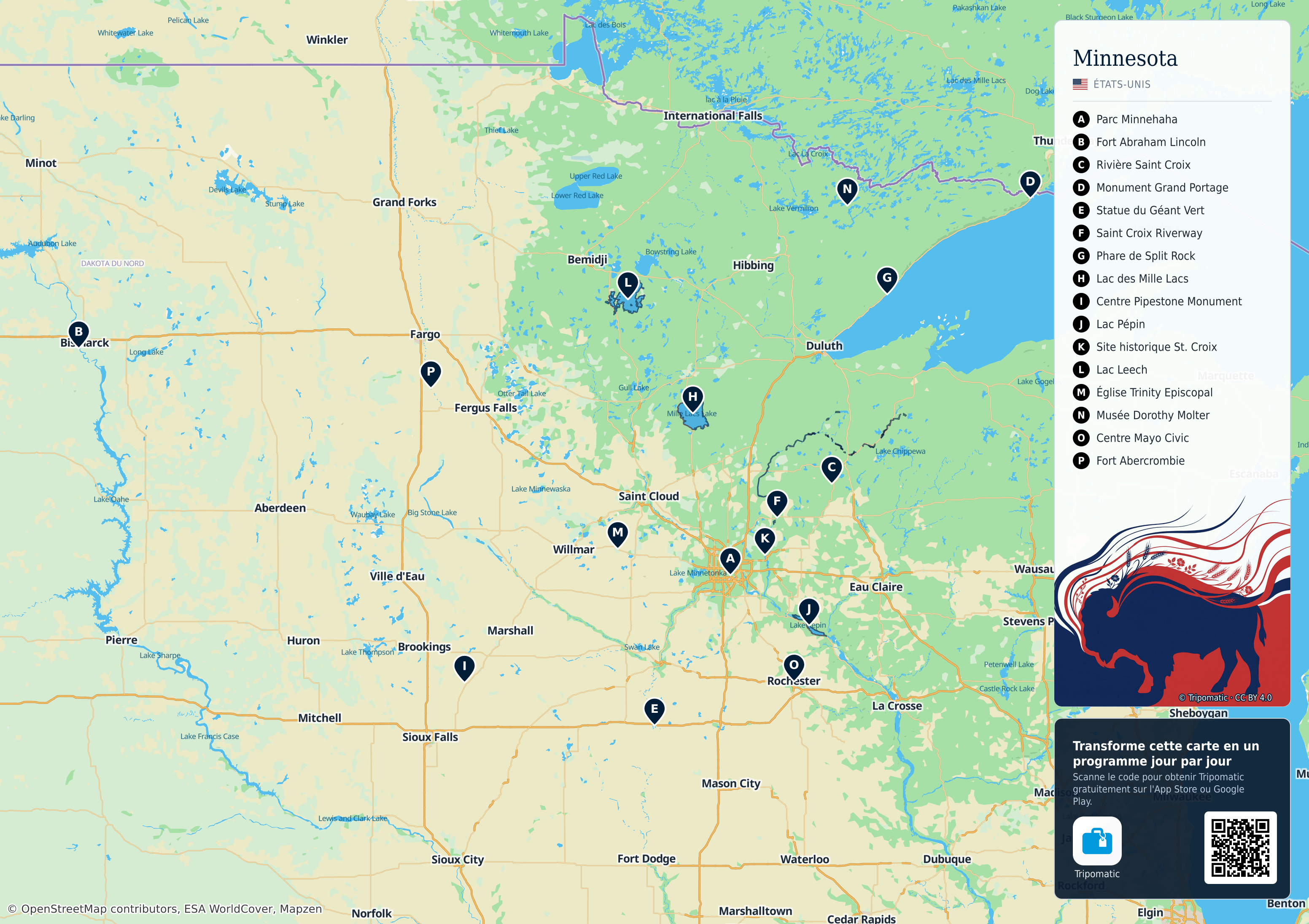 Minnesota – carte touristique imprimable avec attractions majeures numérotées