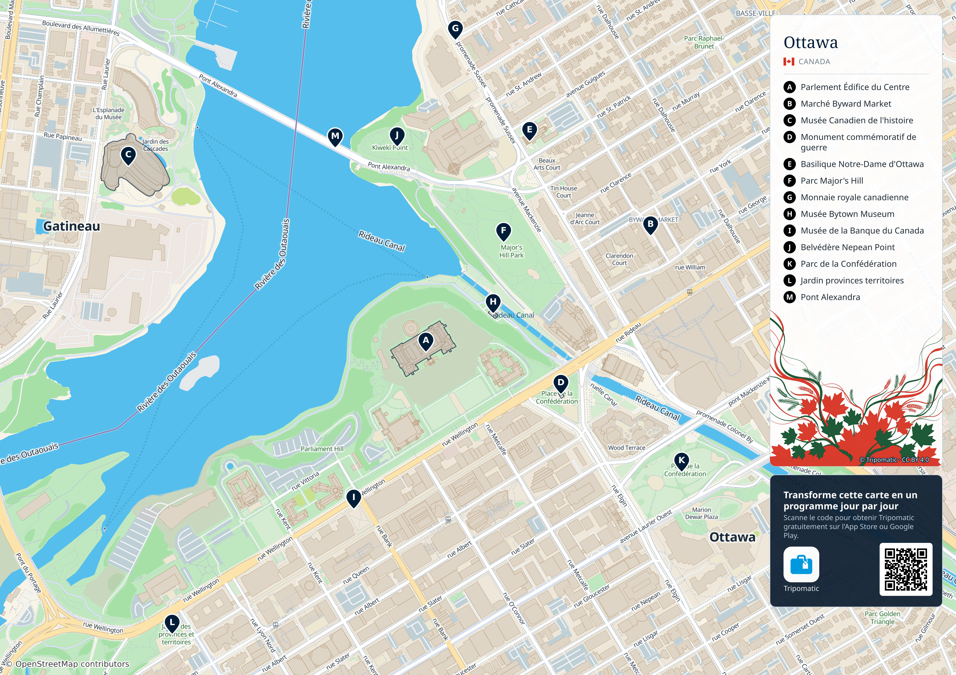 Ottawa – carte touristique imprimable avec attractions majeures numérotées