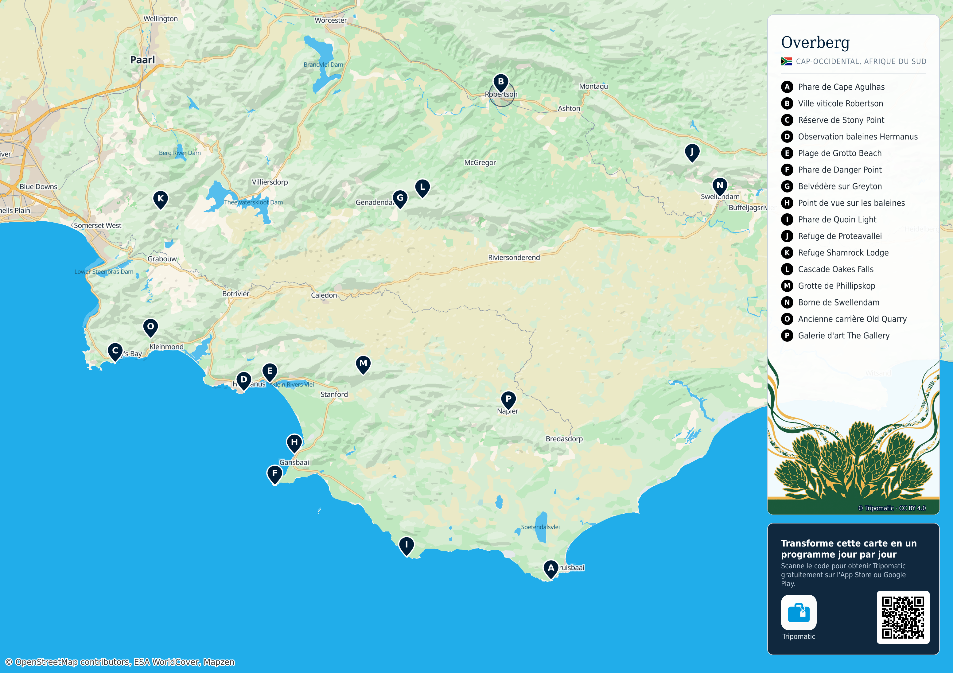 Overberg – carte touristique imprimable avec attractions majeures numérotées